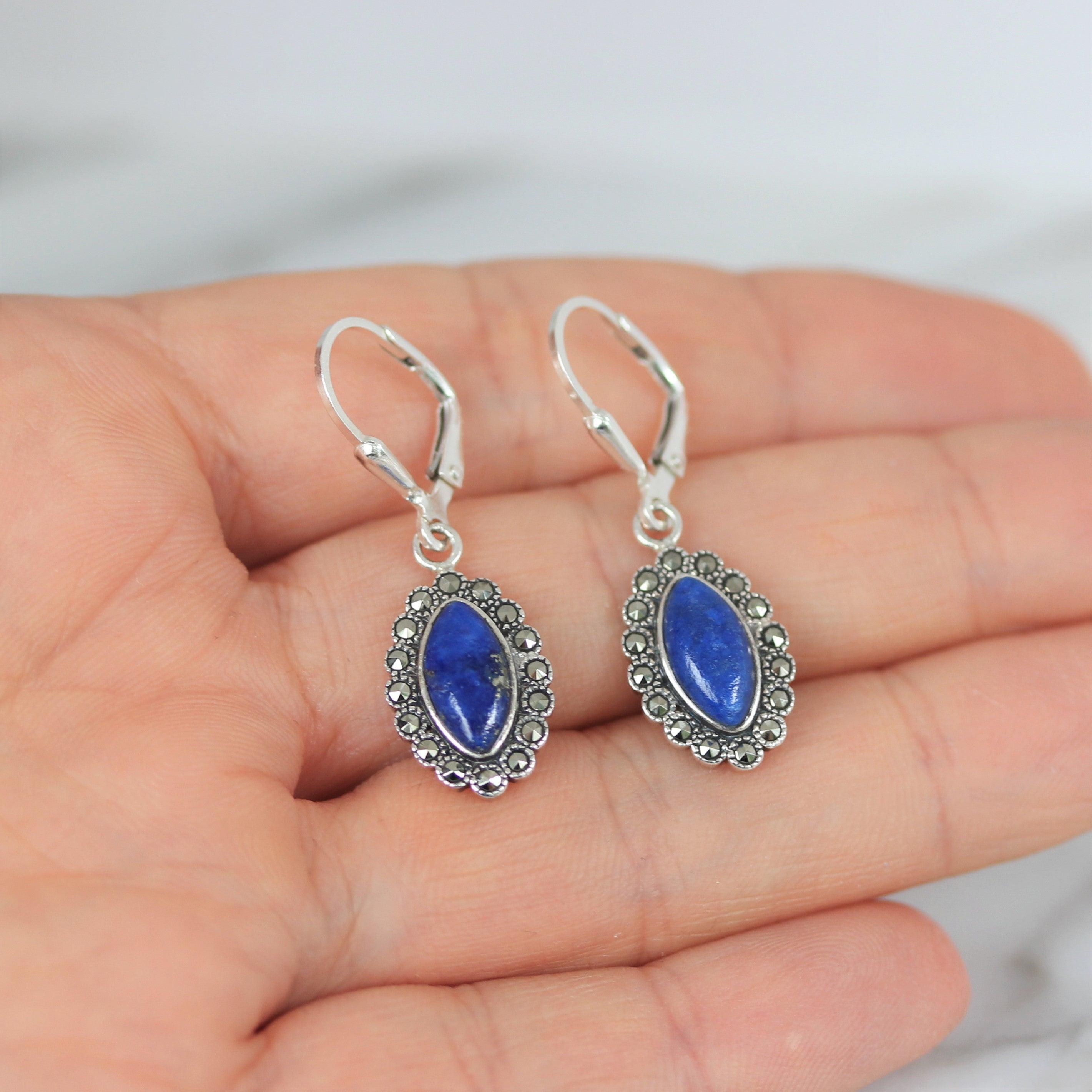 Sterling Silver Marcasite & Blue Lapis Marquise Leverback Drop Earrings - STERLING SILVER DESIGNS
