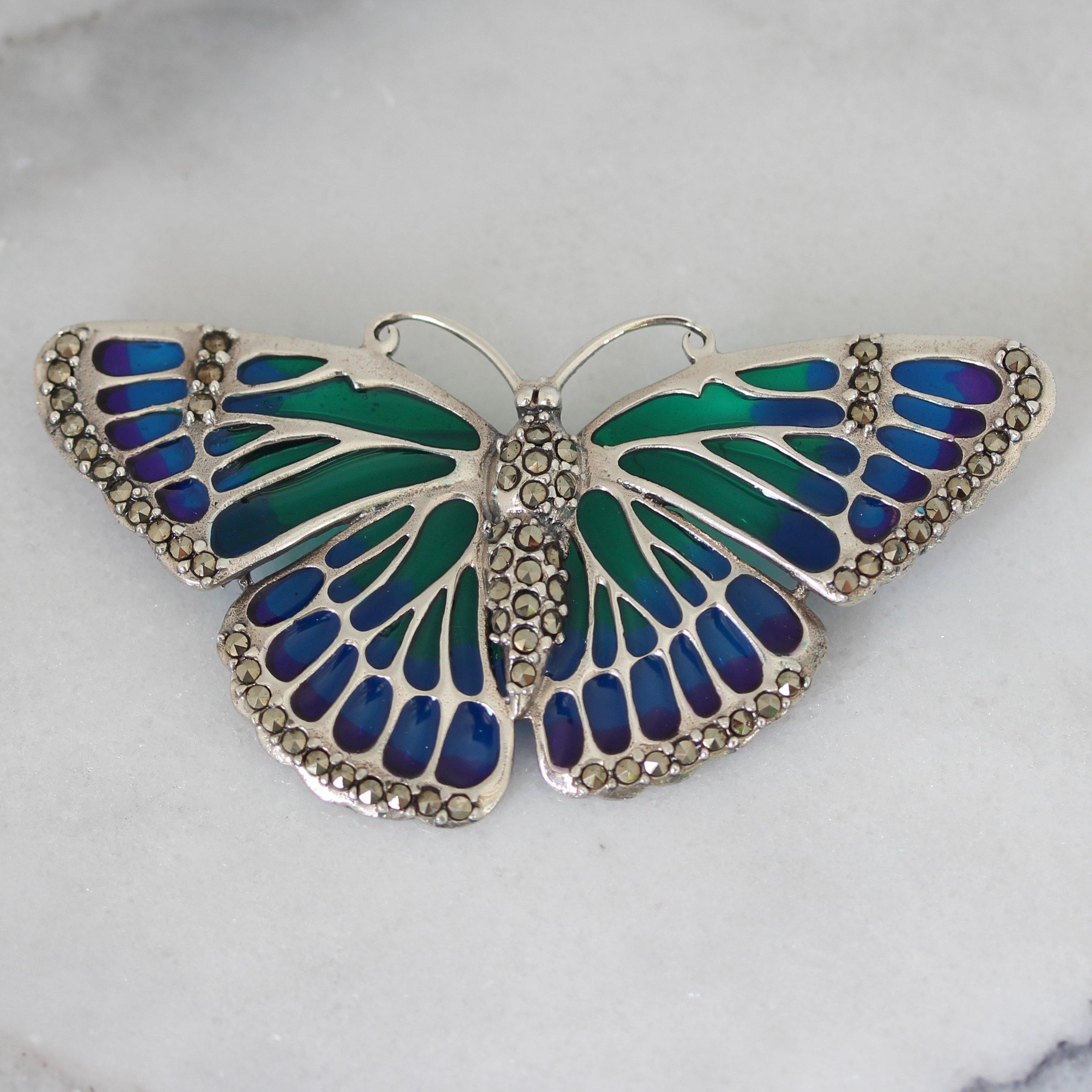 Sterling Silver Marcasite & Enamel Big Butterfly Brooch Pin - STERLING SILVER DESIGNS