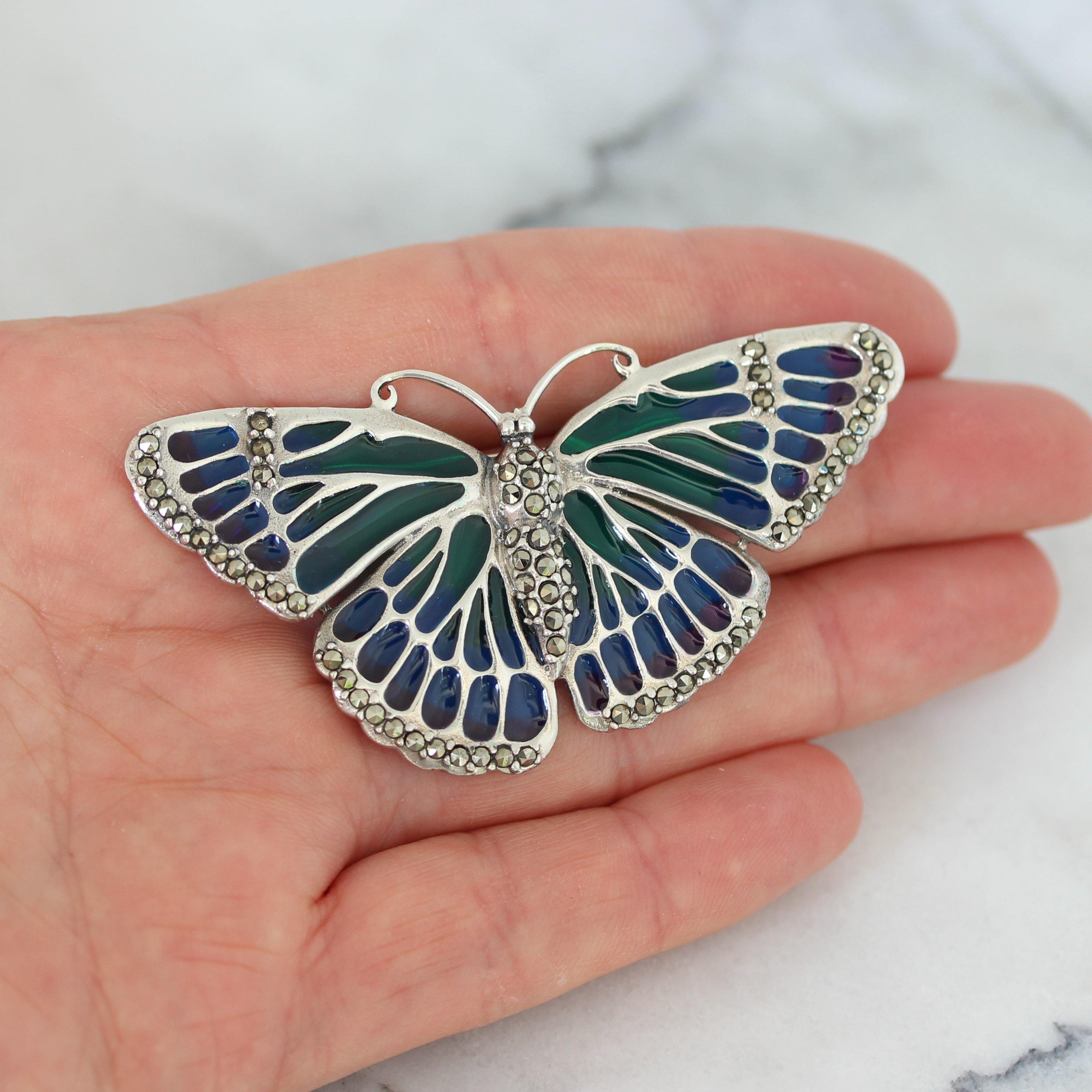 Sterling Silver Marcasite & Enamel Big Butterfly Brooch Pin - STERLING SILVER DESIGNS