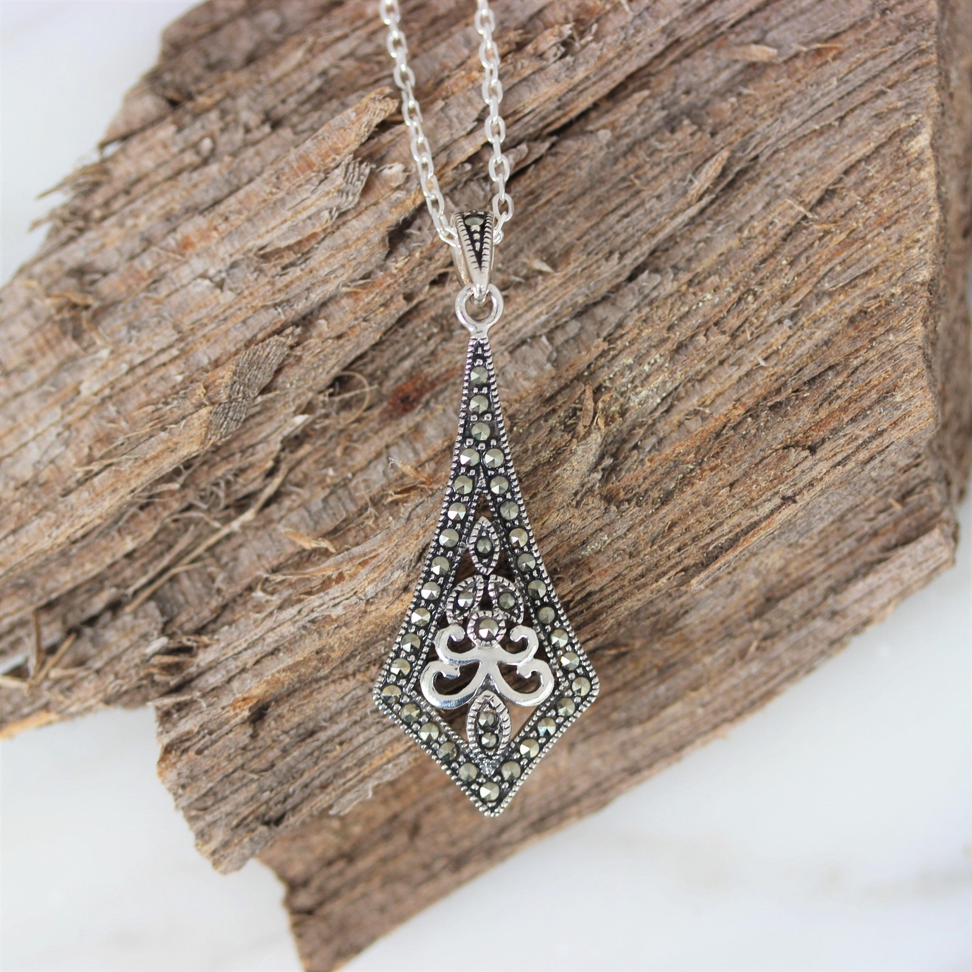 Sterling Silver Marcasite & Kite Shape Pendant Necklace - STERLING SILVER DESIGNS