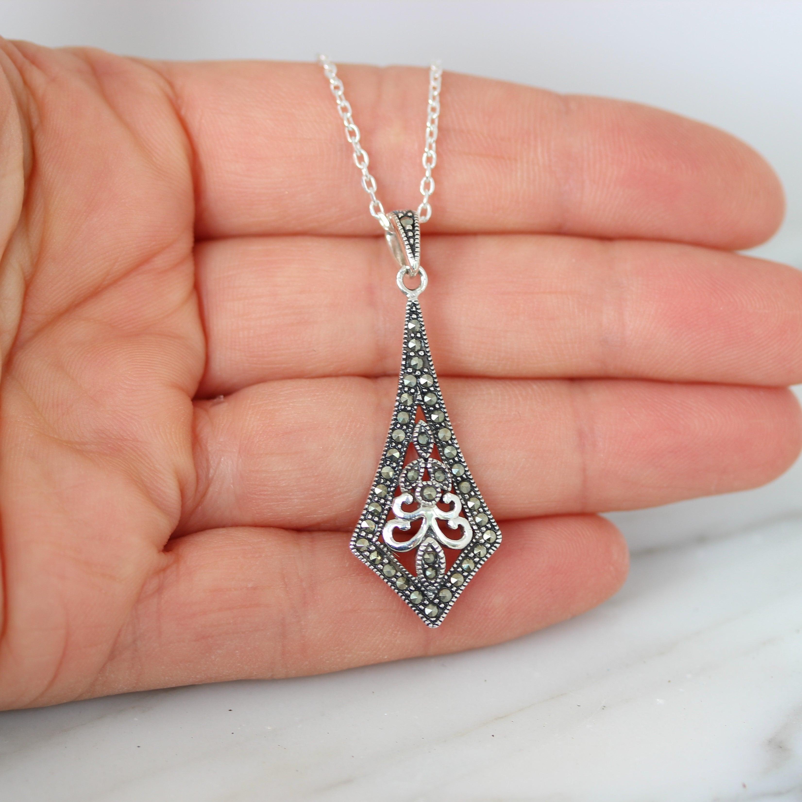 Sterling Silver Marcasite & Kite Shape Pendant Necklace - STERLING SILVER DESIGNS