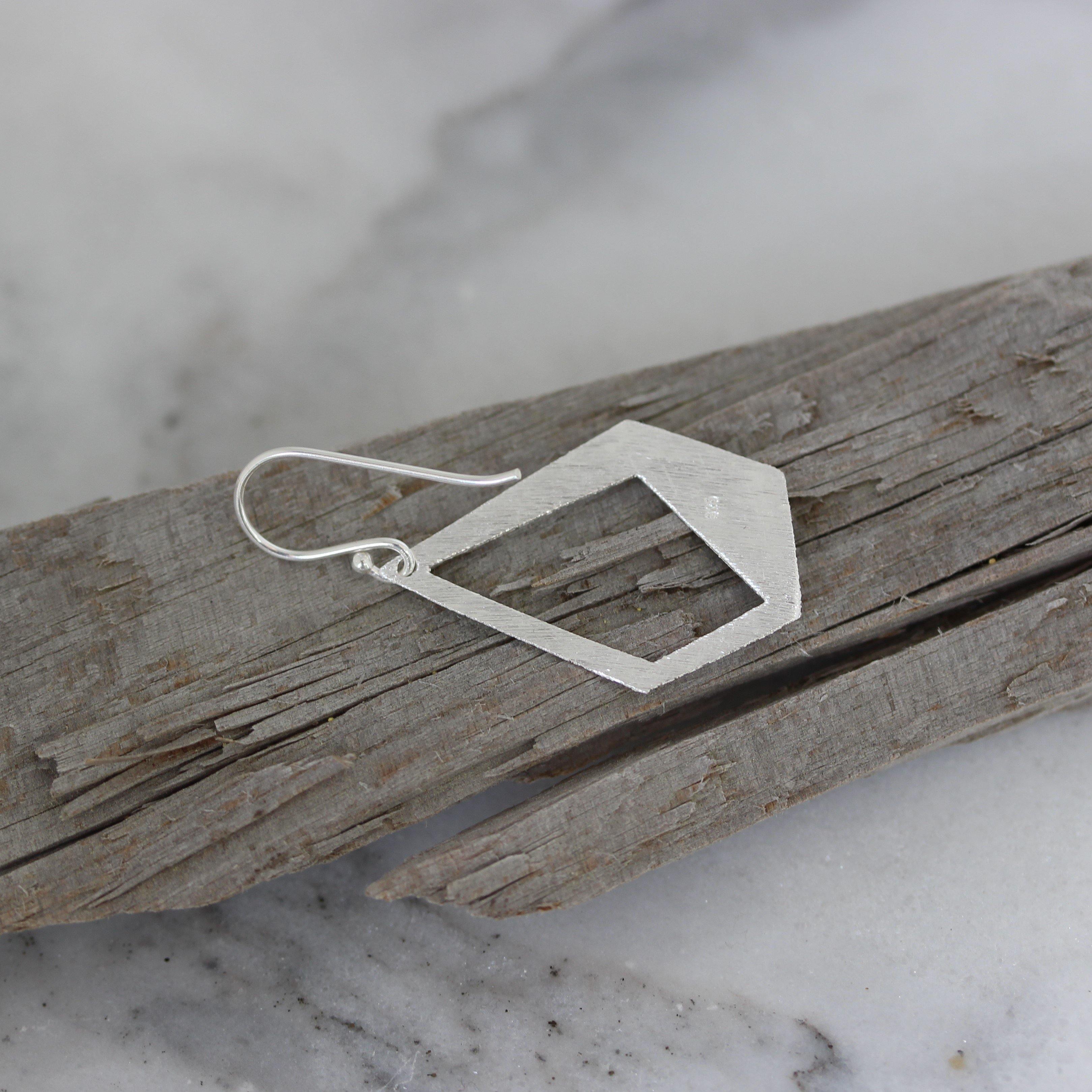 Sterling Silver Matte Cut Out Modern Asymmetrical Drop Hook Earrings - STERLING SILVER DESIGNS