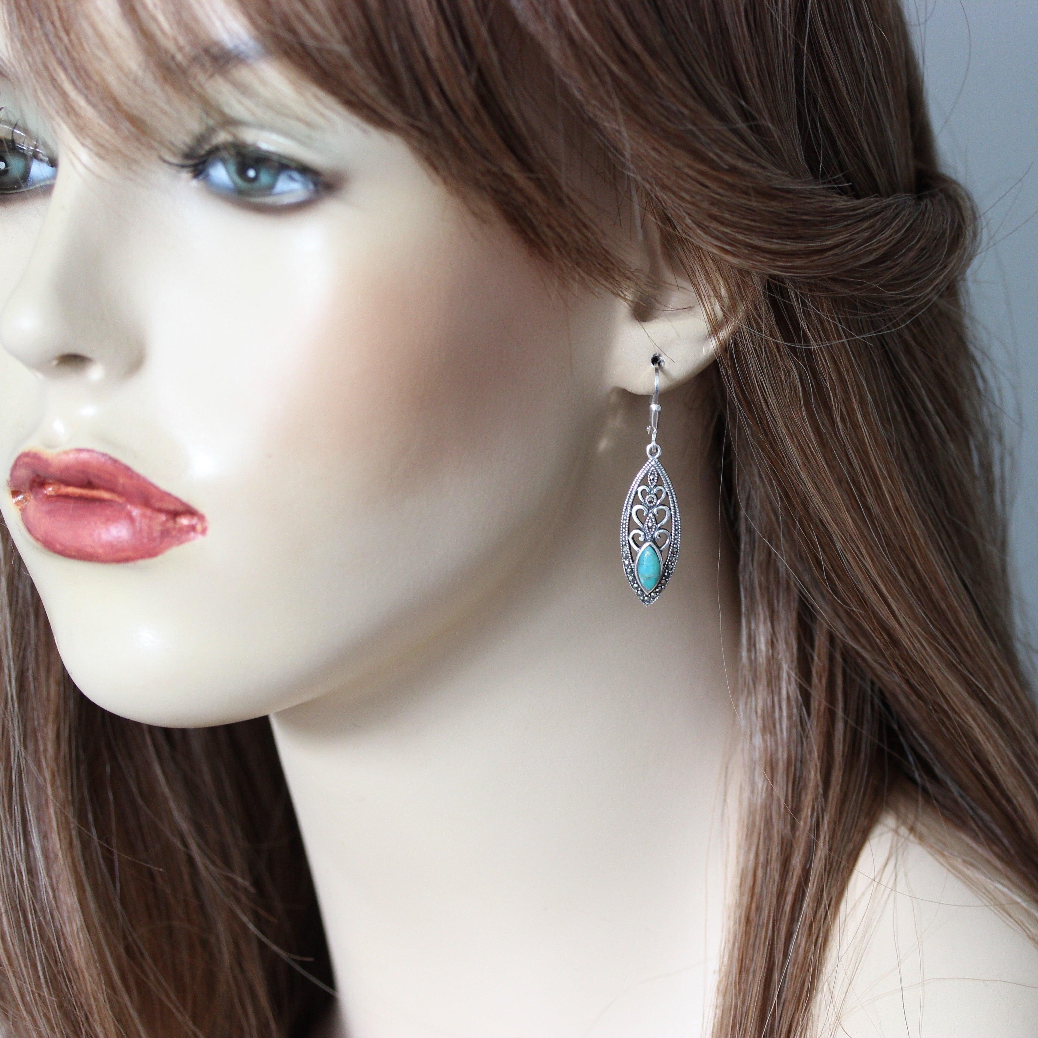 Sterling Silver Marcasite & Turquoise Marquise Shape Leverback Drop Earrings - STERLING SILVER DESIGNS