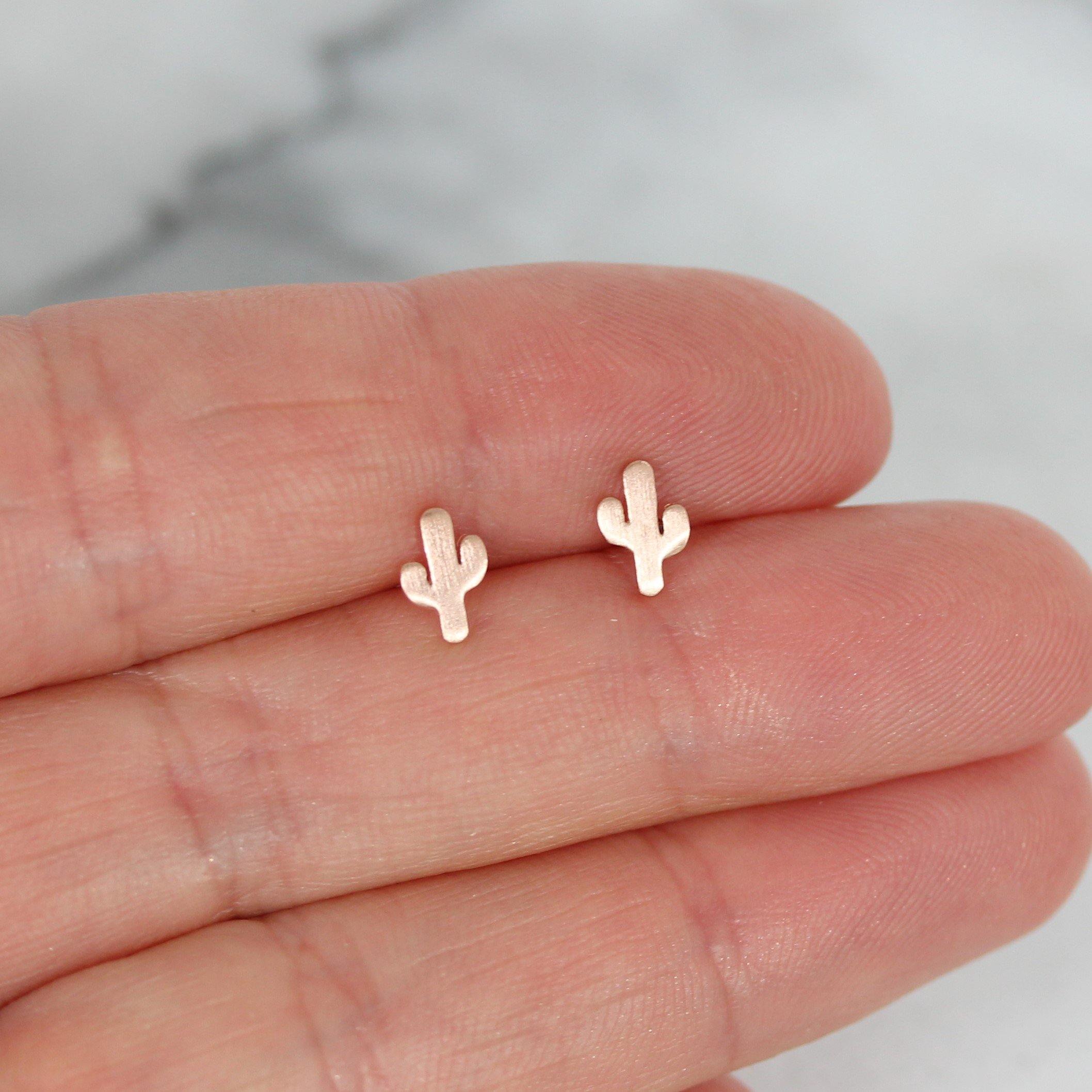 Sterling Silver Rose Gold Plated Small Tiny 7mm Cactus Stud Post Earrings - STERLING SILVER DESIGNS