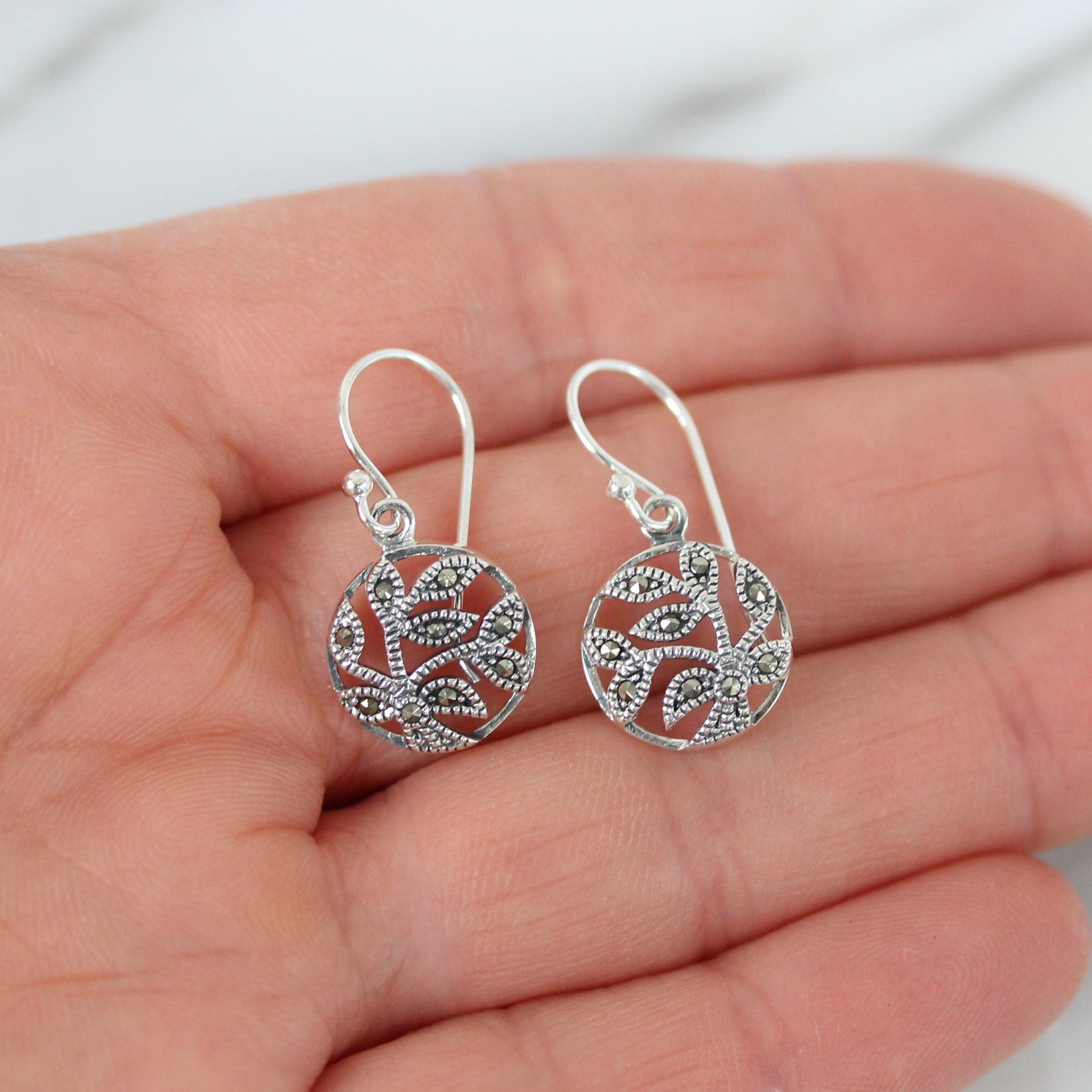 Sterling Silver Marcasite 12mm Round Floral Leverback Drop Earrings - STERLING SILVER DESIGNS