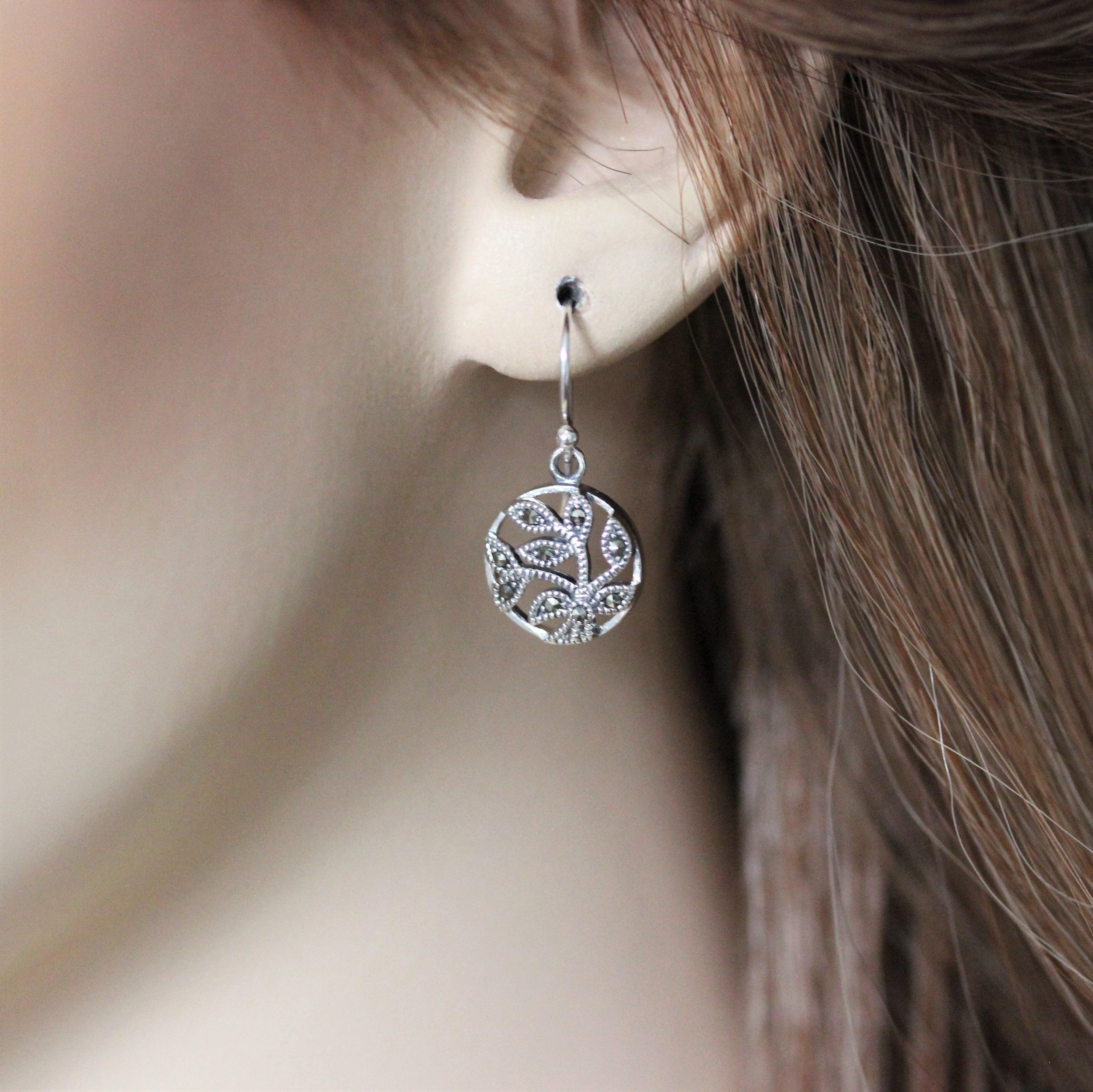 Sterling Silver Marcasite 12mm Round Floral Leverback Drop Earrings - STERLING SILVER DESIGNS