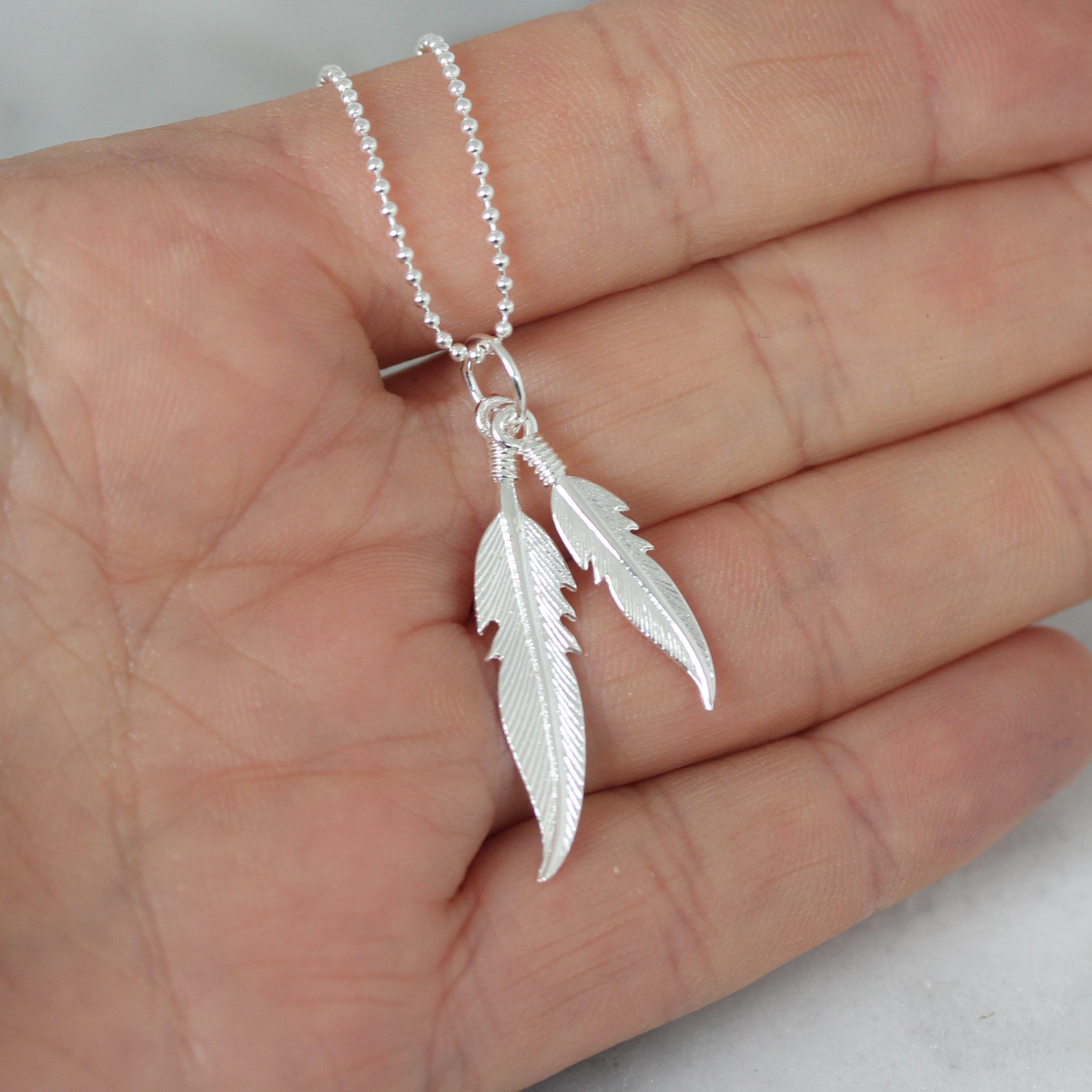 Sterling Silver Double Feather Pendant & Ball Chain Necklace - STERLING SILVER DESIGNS