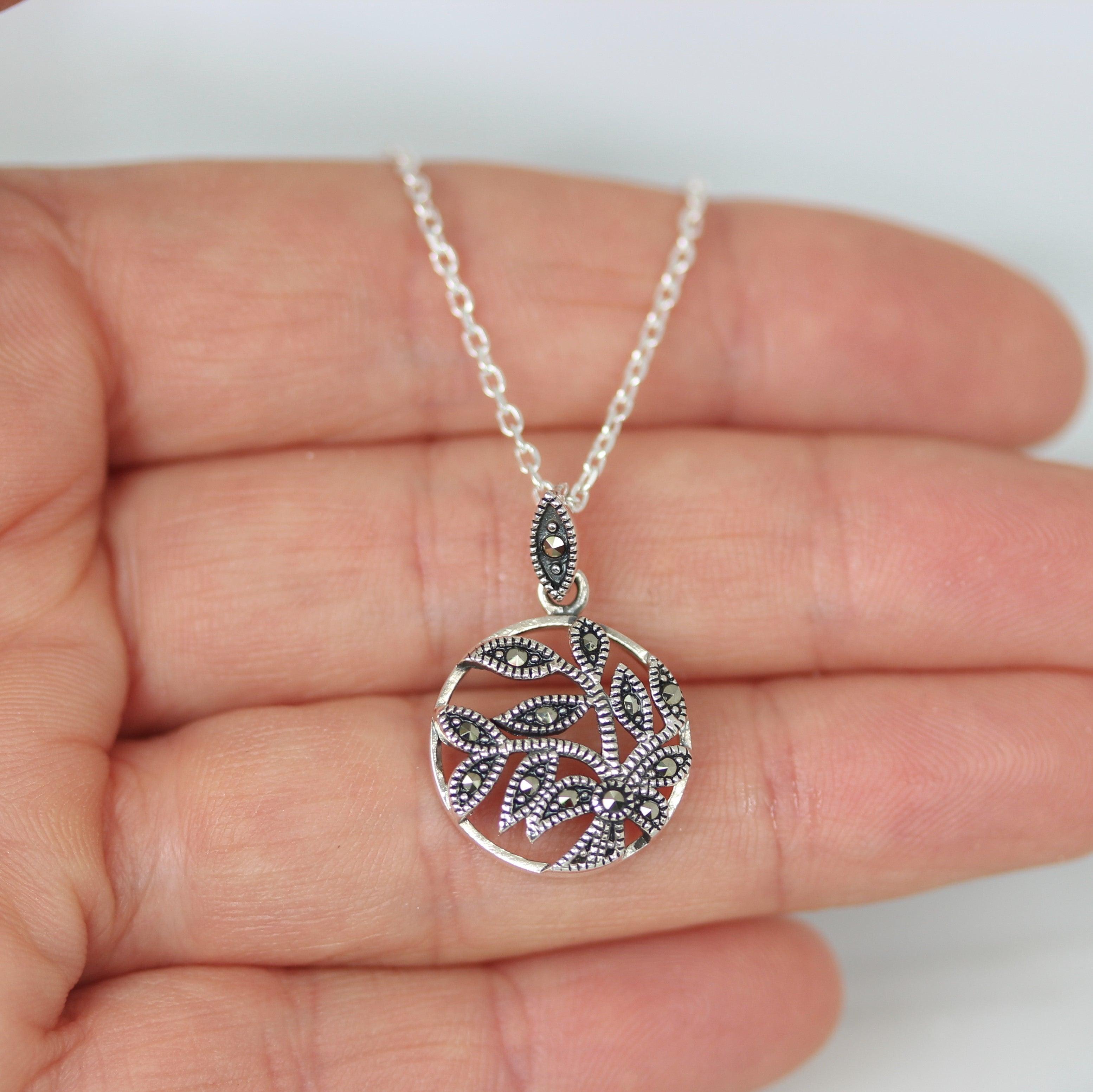 Sterling Silver Marcasite Floral Round Pendant Necklace - STERLING SILVER DESIGNS
