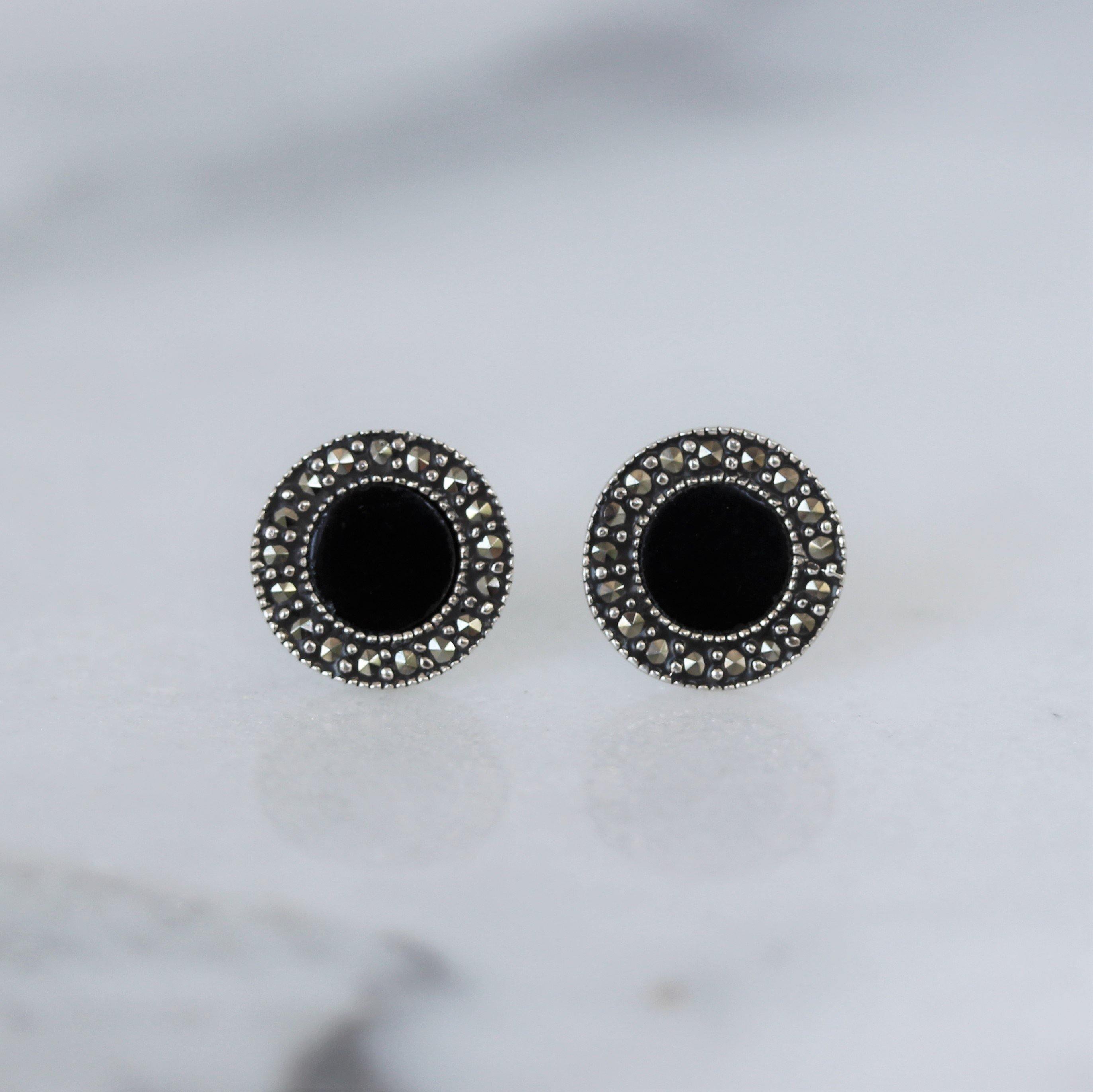 Sterling Silver Marcasite & Black Onyx 10mm Round Halo Stud Earrings - STERLING SILVER DESIGNS