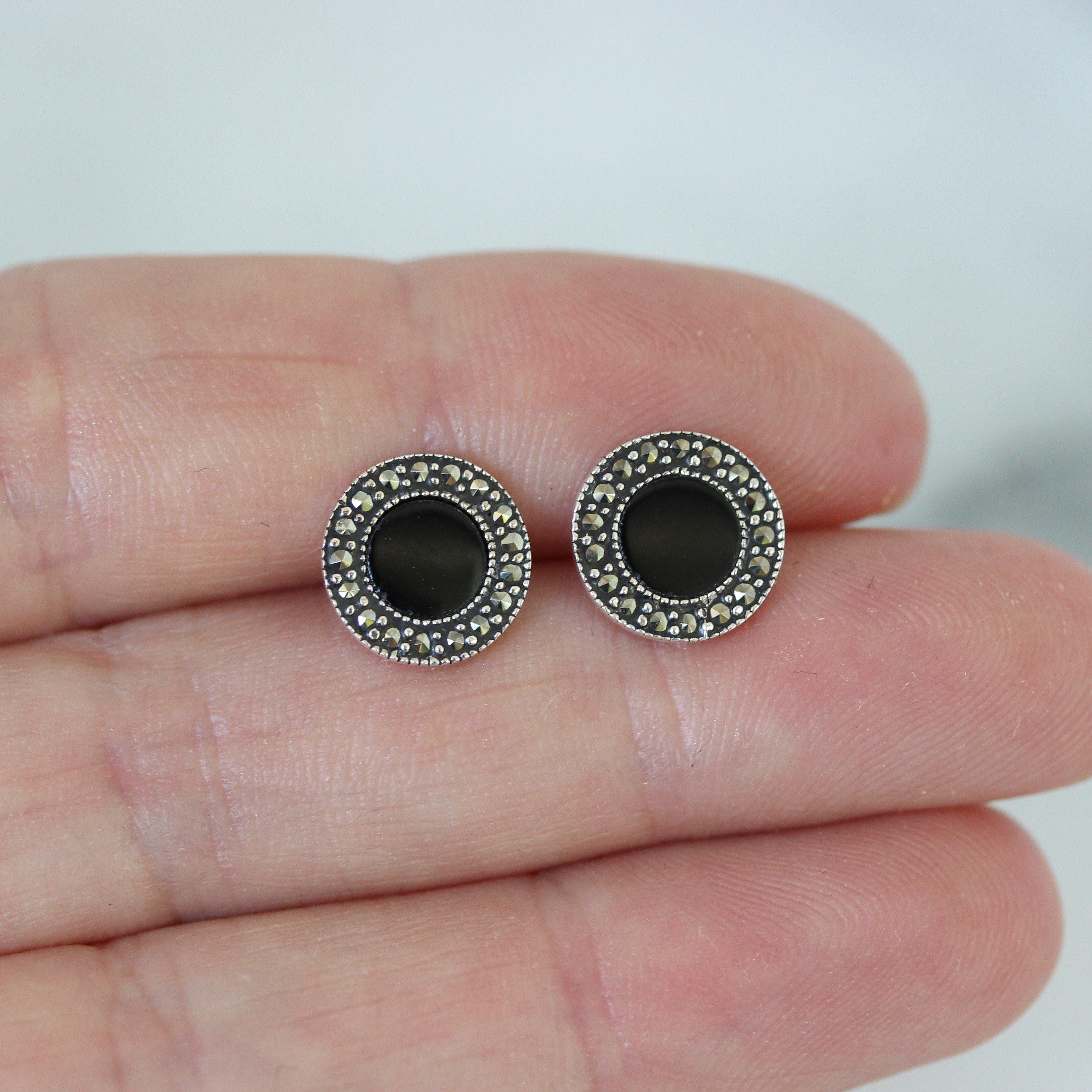 Sterling Silver Marcasite & Black Onyx 10mm Round Halo Stud Earrings - STERLING SILVER DESIGNS