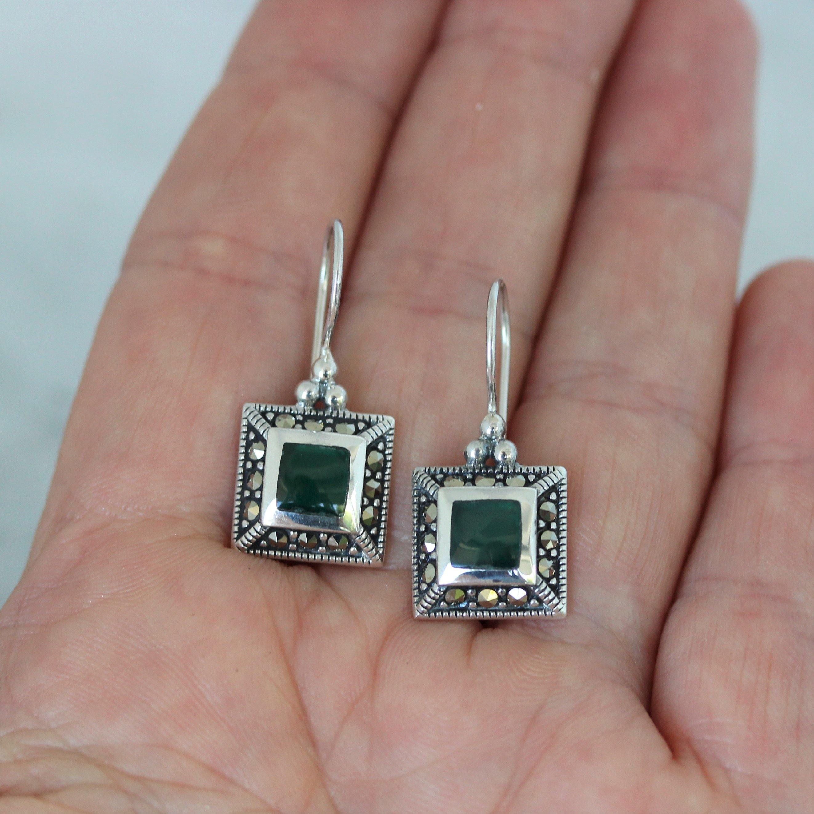 Sterling Silver Marcasite & Green Agate Square French Hook Leverback Drop Earrings - STERLING SILVER DESIGNS