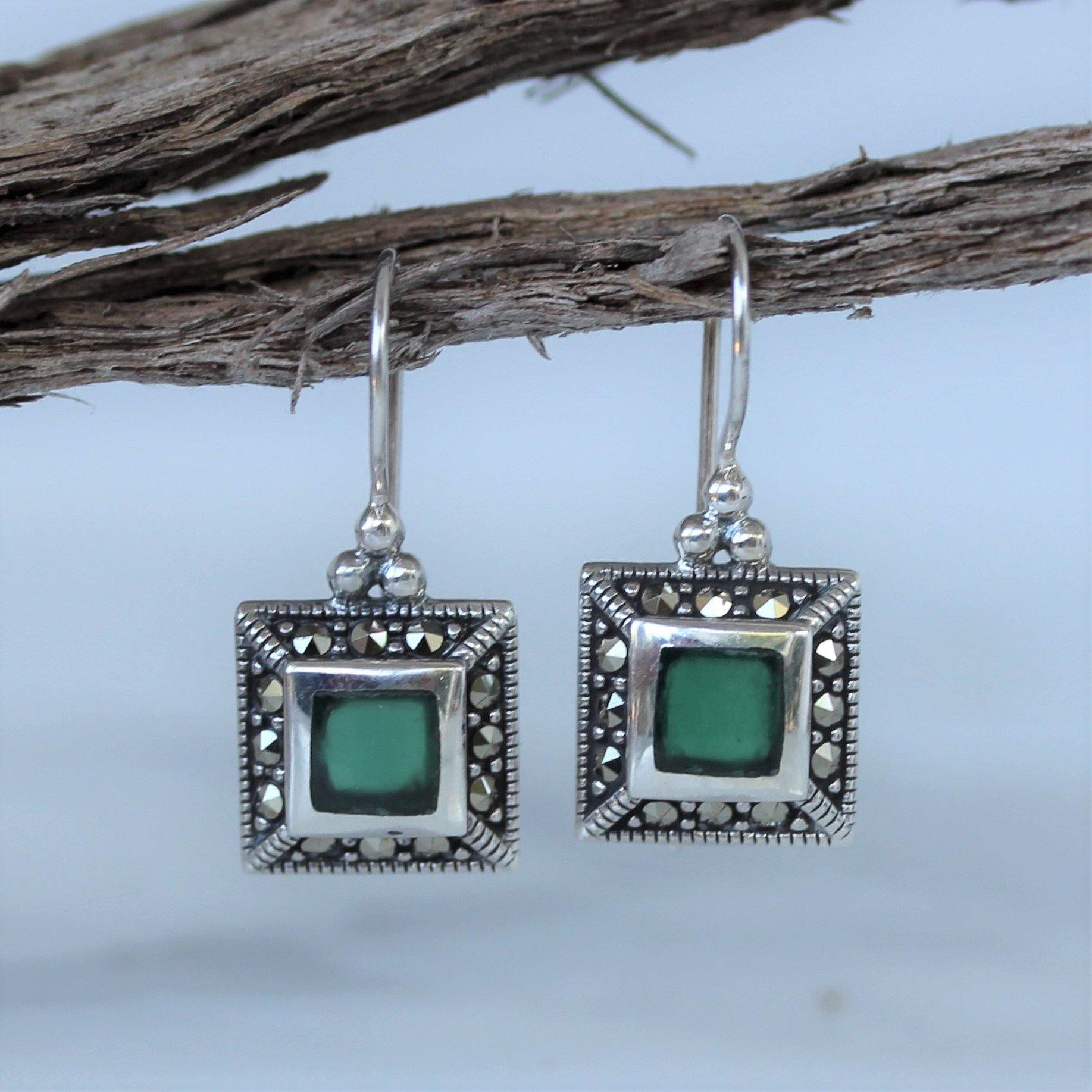 Sterling Silver Marcasite & Green Agate Square French Hook Leverback Drop Earrings - STERLING SILVER DESIGNS