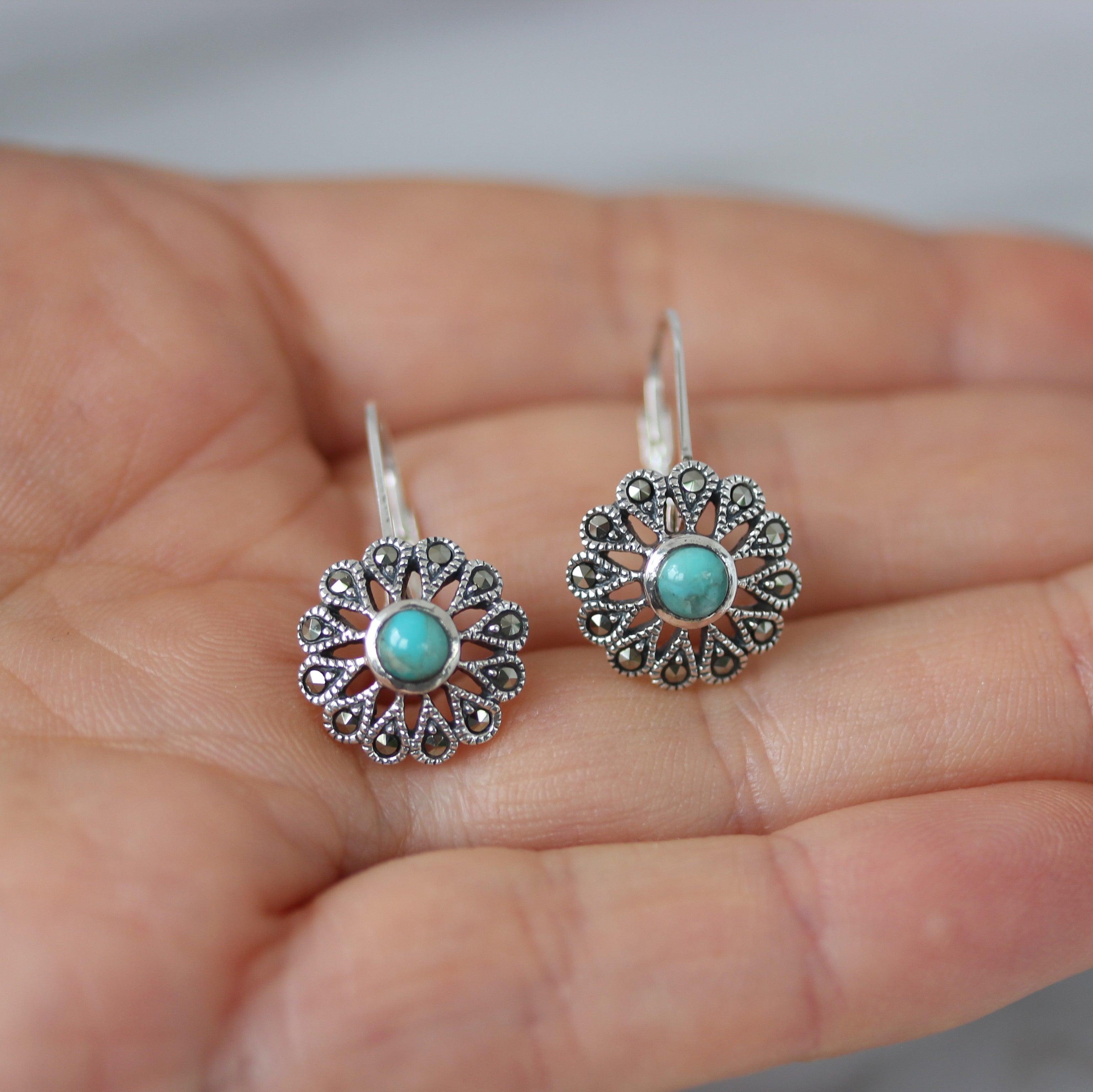 Sterling Silver Marcasite & Turquoise Floral Leverback Drop Earrings - STERLING SILVER DESIGNS