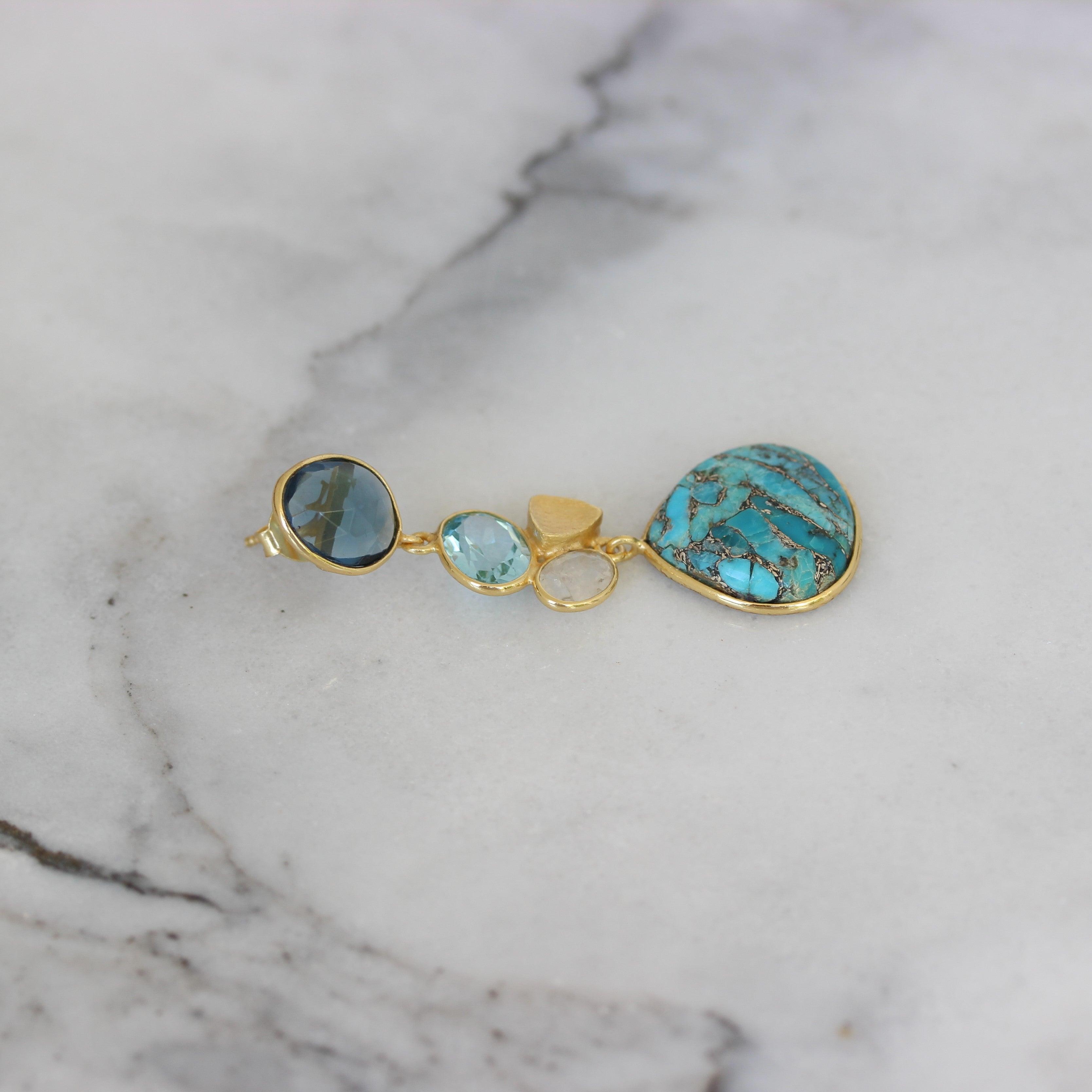Sterling Silver Yellow Gold Plated Copper Turquoise & Moonstone Drop Earrings - STERLING SILVER DESIGNS