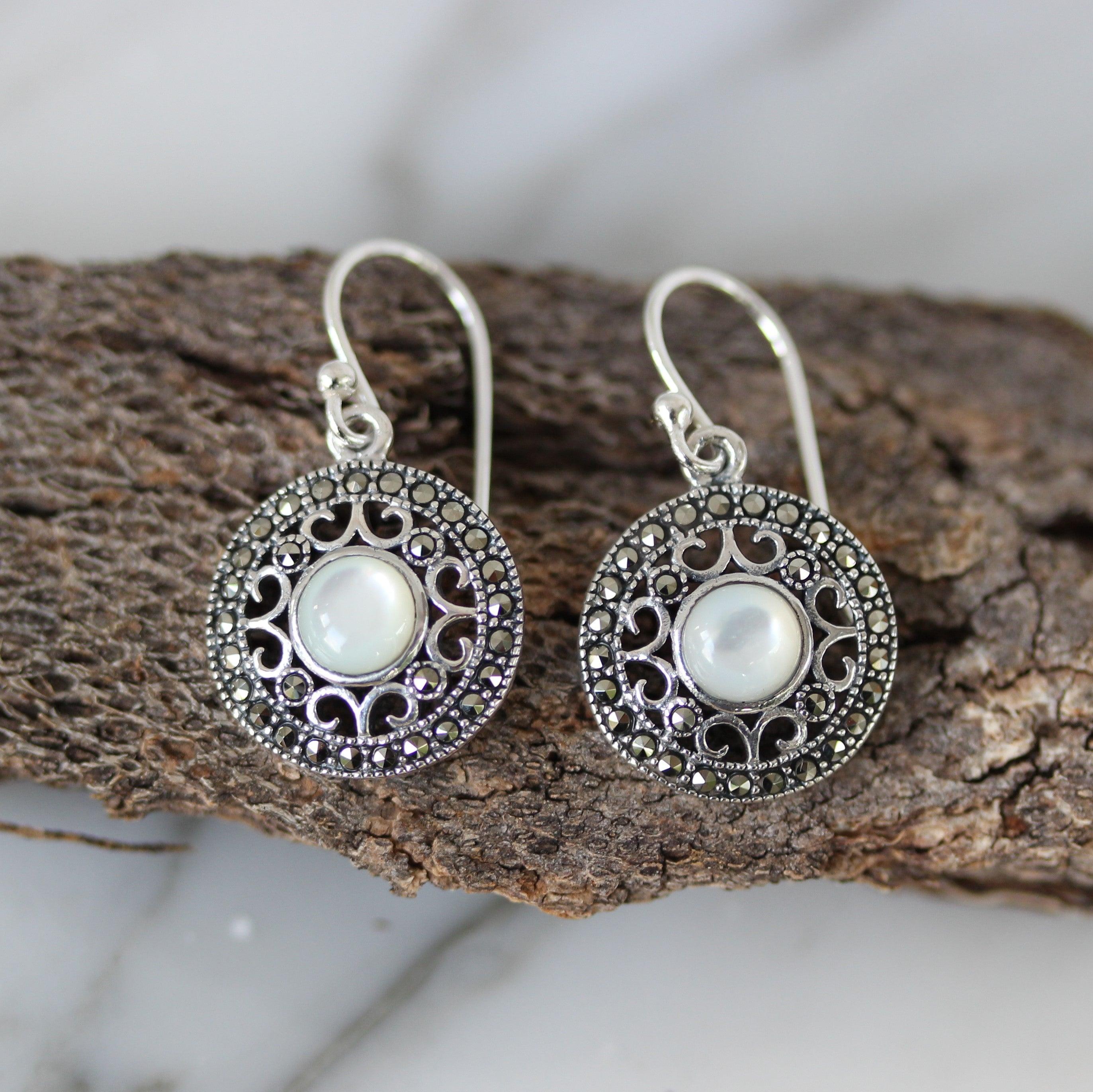 Sterling Silver Marcasite & Mother Of Pearl Round Filigree Hook Drop Earrings - STERLING SILVER DESIGNS