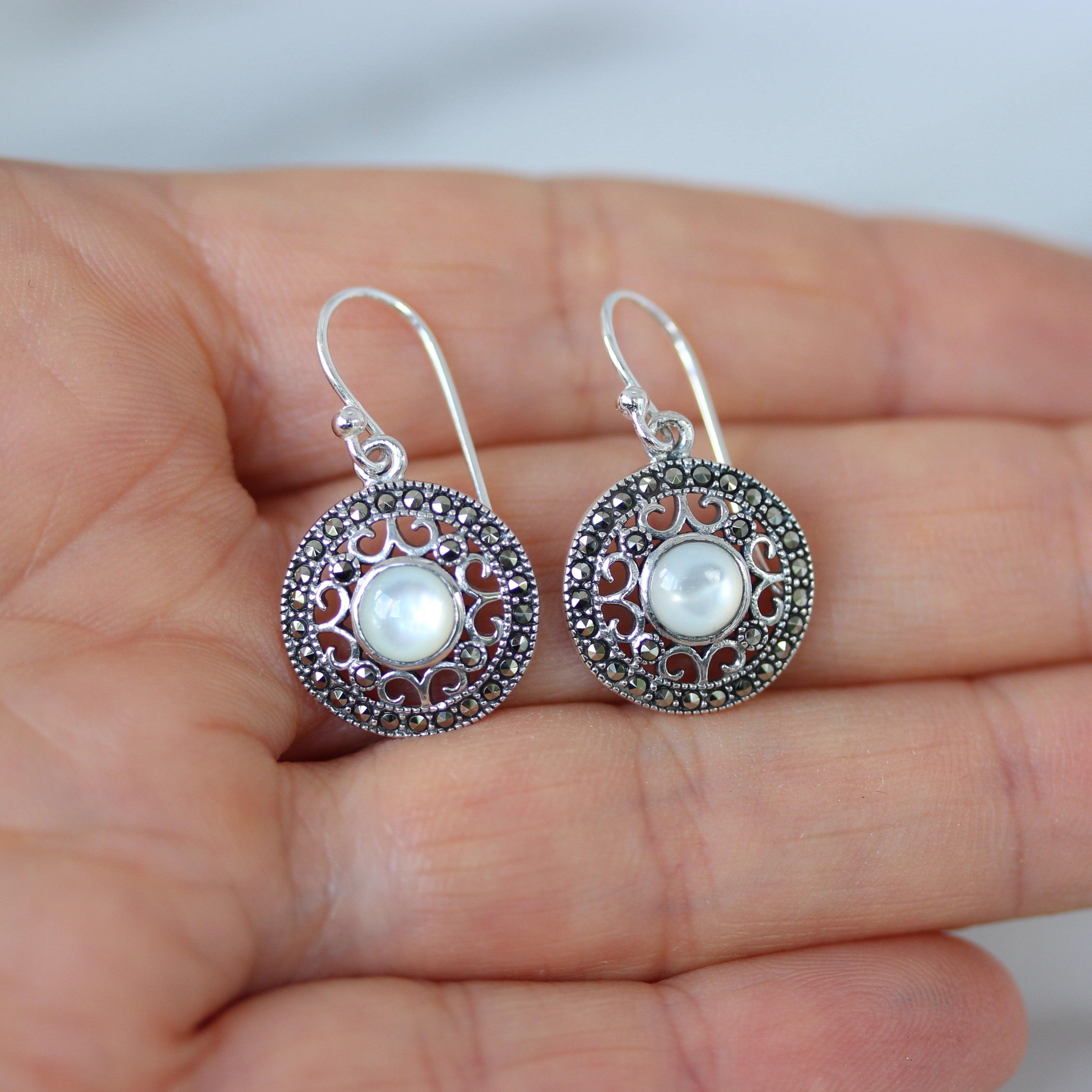 Sterling Silver Marcasite & Mother Of Pearl Round Filigree Hook Drop Earrings - STERLING SILVER DESIGNS