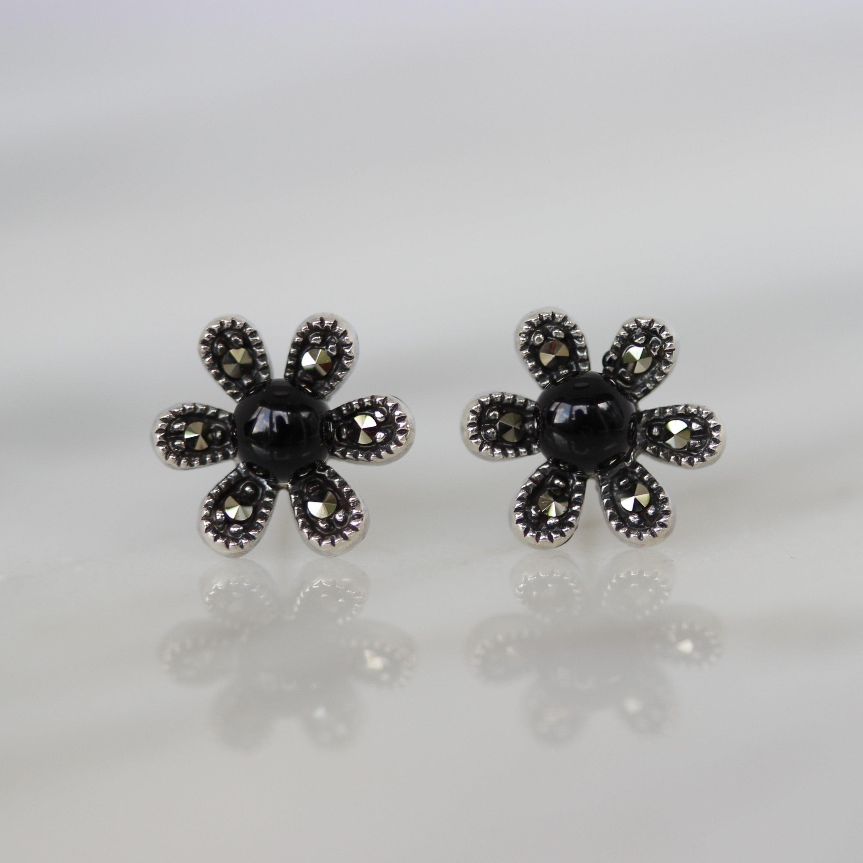 Sterling Silver Marcasite & Black Onyx Flower Stud Earrings - STERLING SILVER DESIGNS