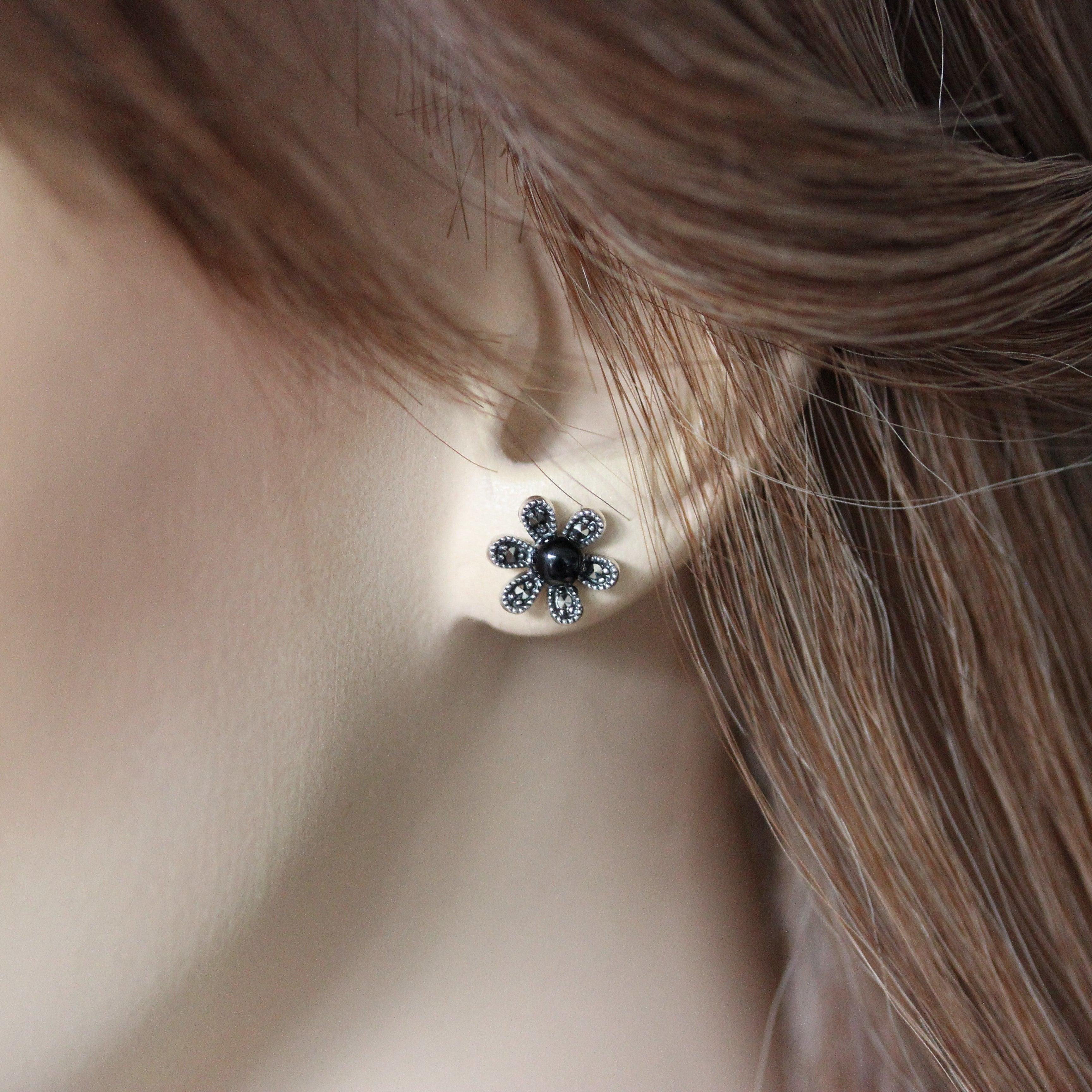 Sterling Silver Marcasite & Black Onyx Flower Stud Earrings - STERLING SILVER DESIGNS