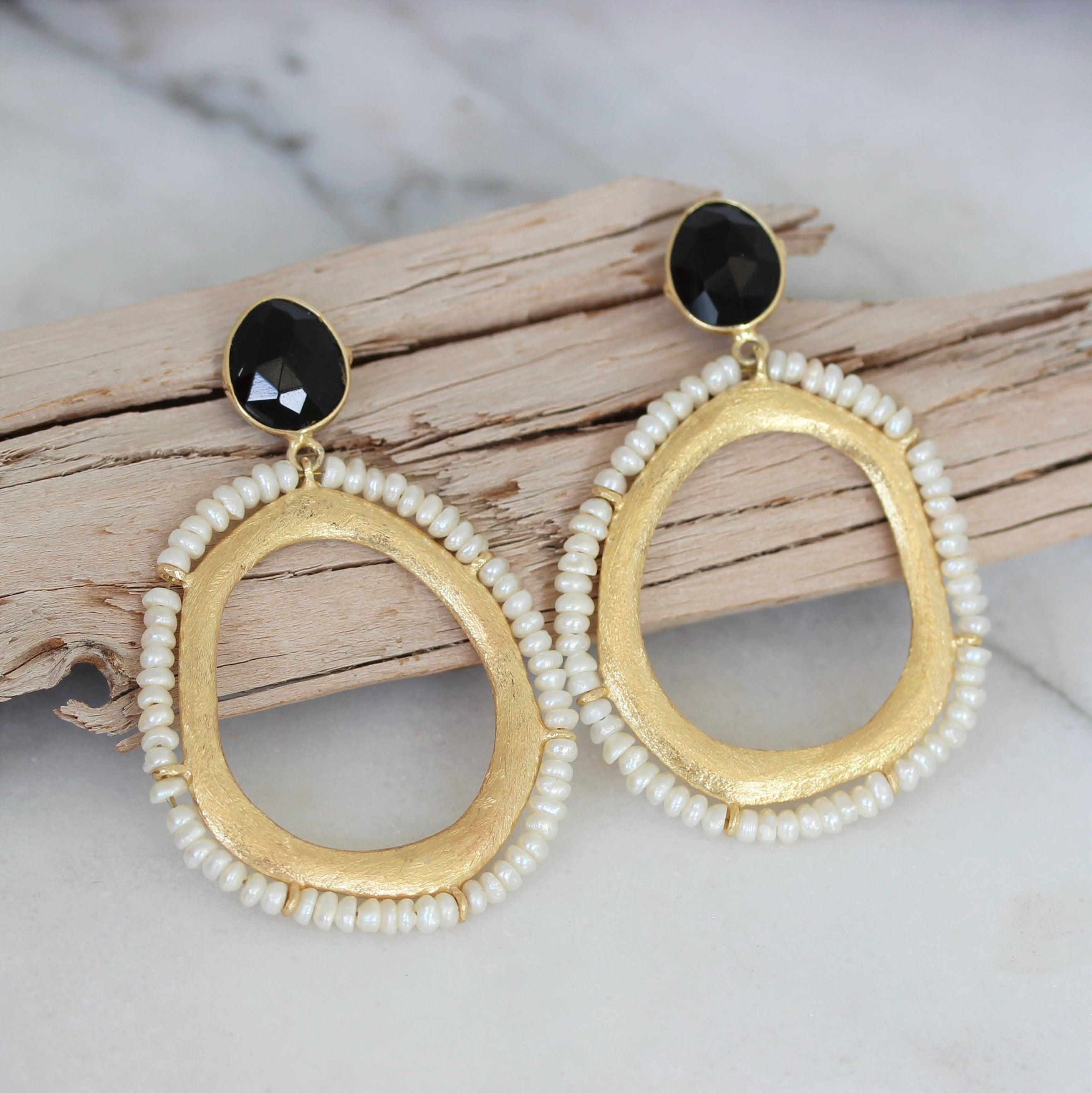 Sterling Silver Big Yellow Gold Plated Pearl & Black Onyx Drop Earrings - STERLING SILVER DESIGNS