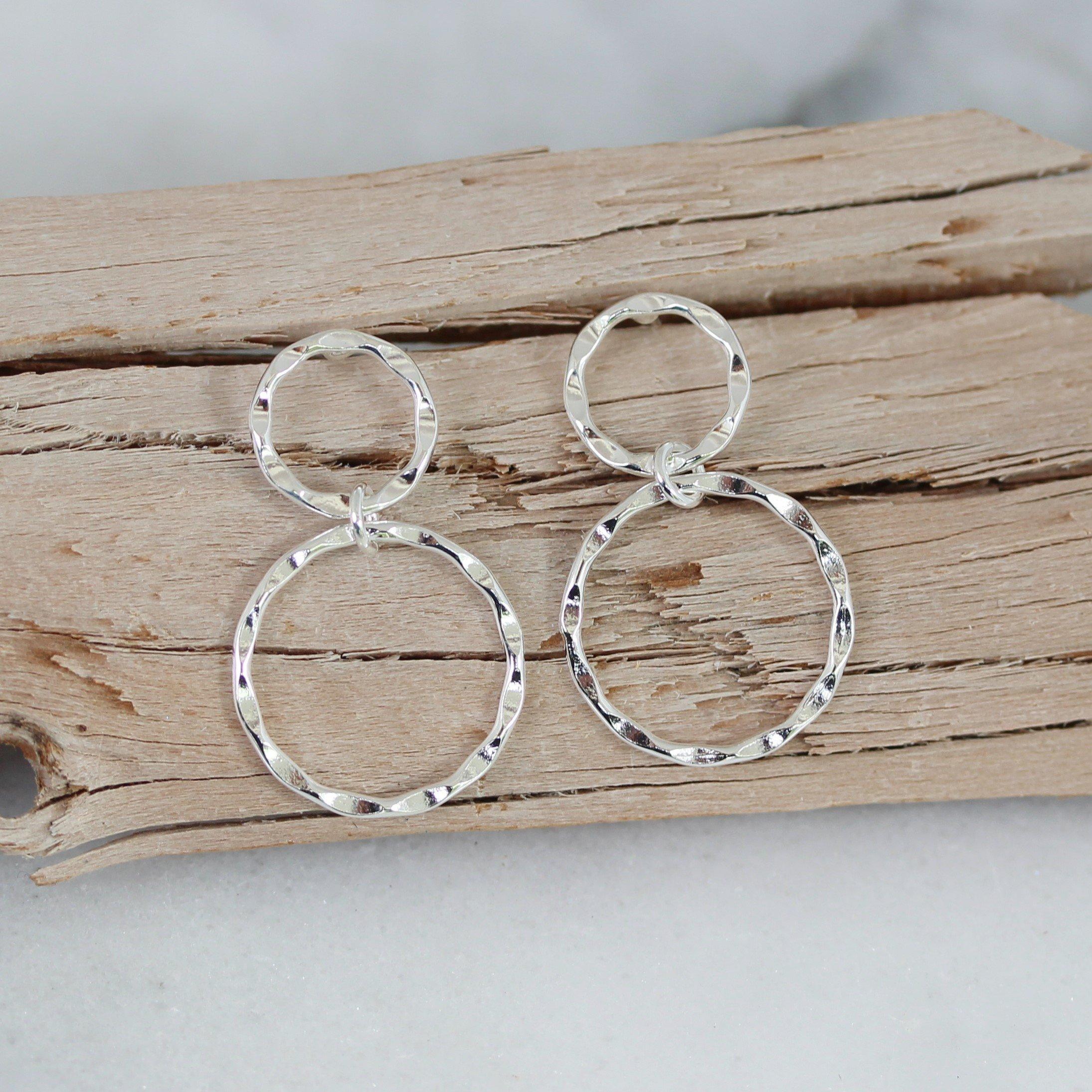 Sterling Silver Double Circle Hammered Beaten Drop Dangle Earrings - STERLING SILVER DESIGNS