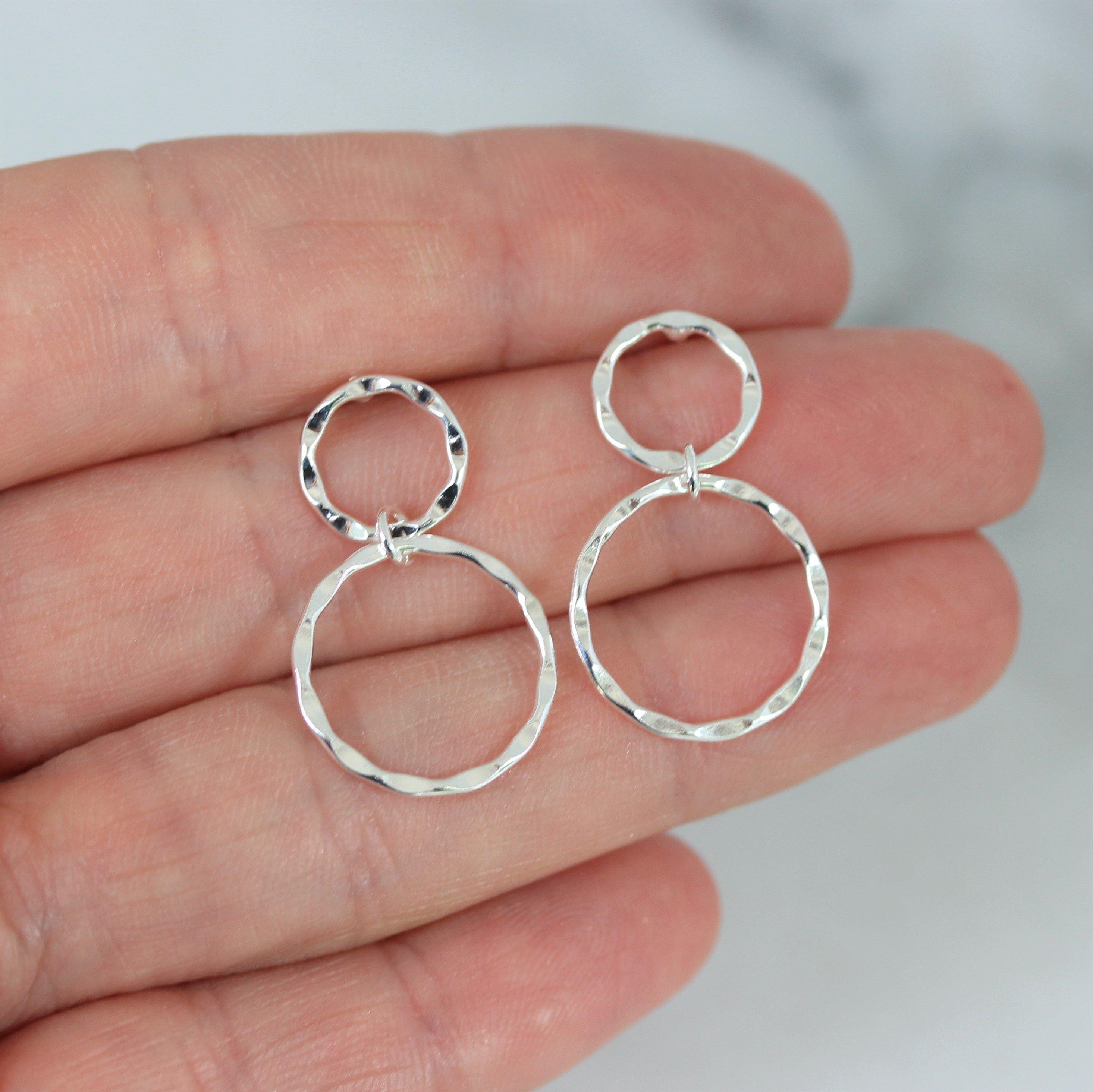 Sterling Silver Double Circle Hammered Beaten Drop Dangle Earrings - STERLING SILVER DESIGNS