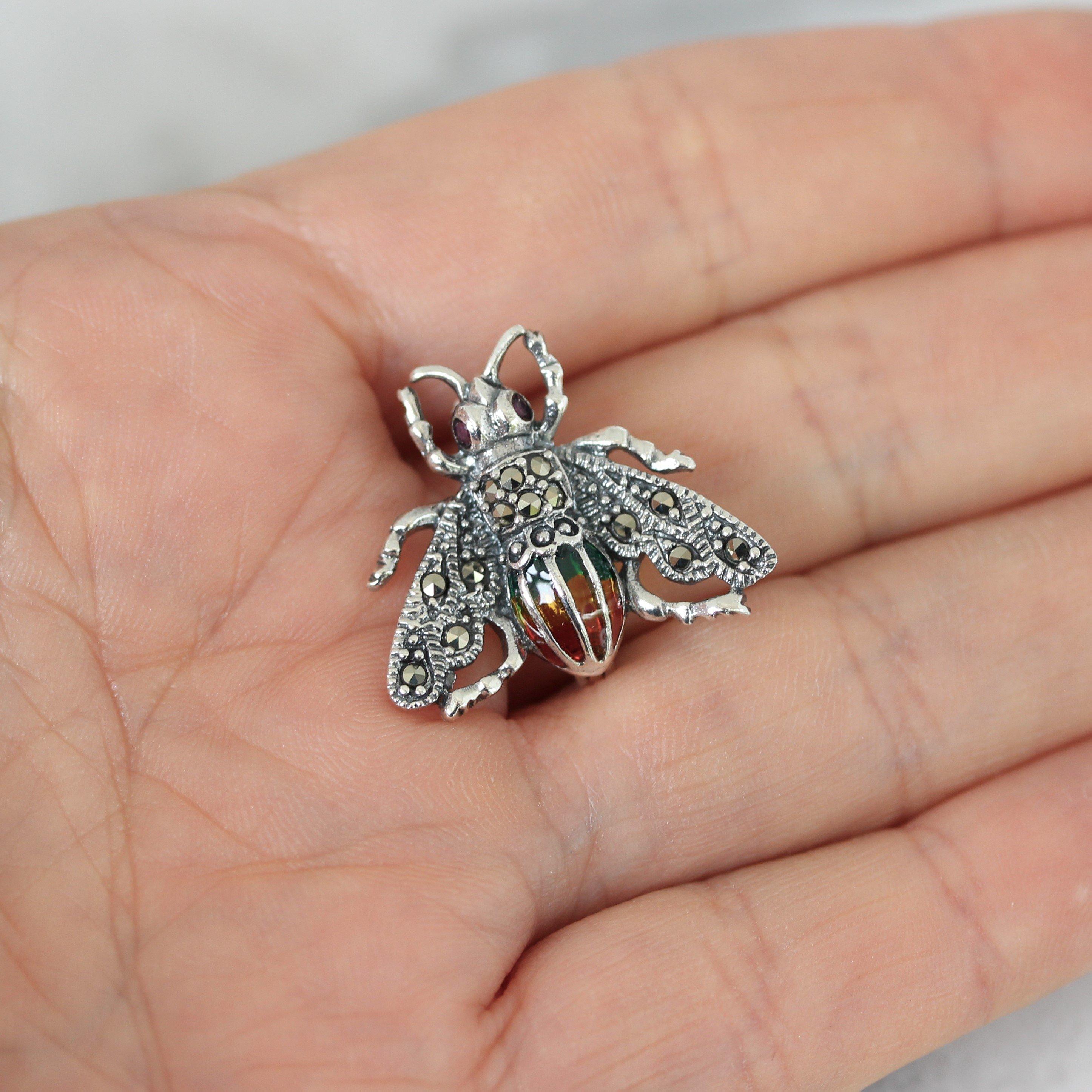 Sterling Silver Marcasite & Enamel Small Bee Bumblebee Brooch Pin - STERLING SILVER DESIGNS