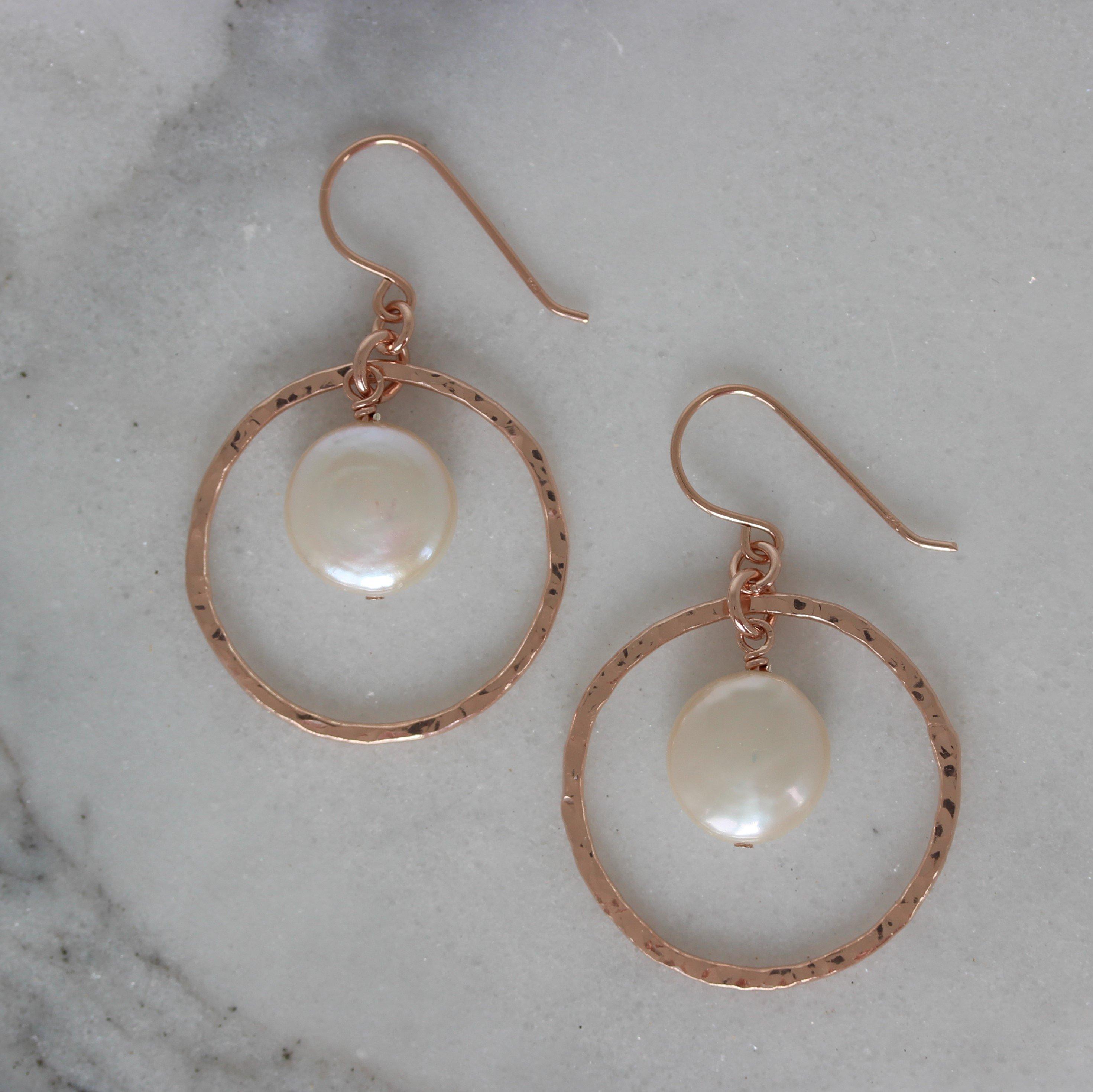 Sterling Silver Rose Gold Plated Hammered Fresh Water Pearl Drop Earrings - STERLING SILVER DESIGNS