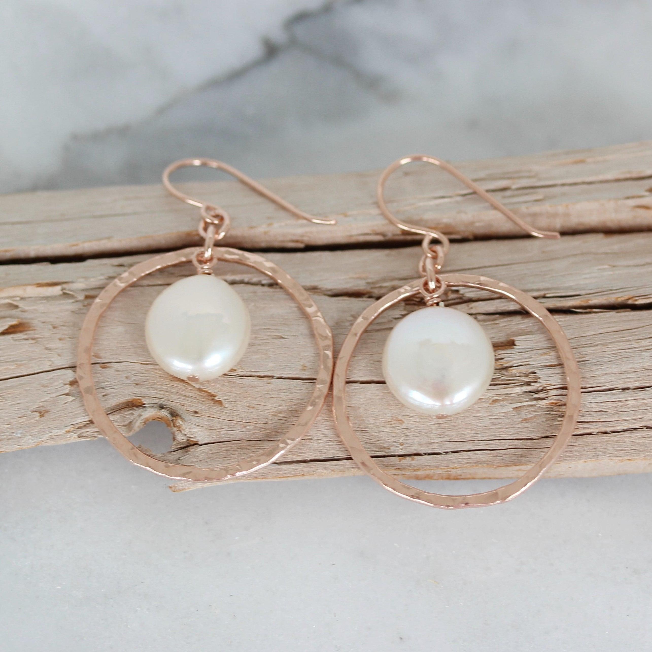 Sterling Silver Rose Gold Plated Hammered Fresh Water Pearl Drop Earrings - STERLING SILVER DESIGNS