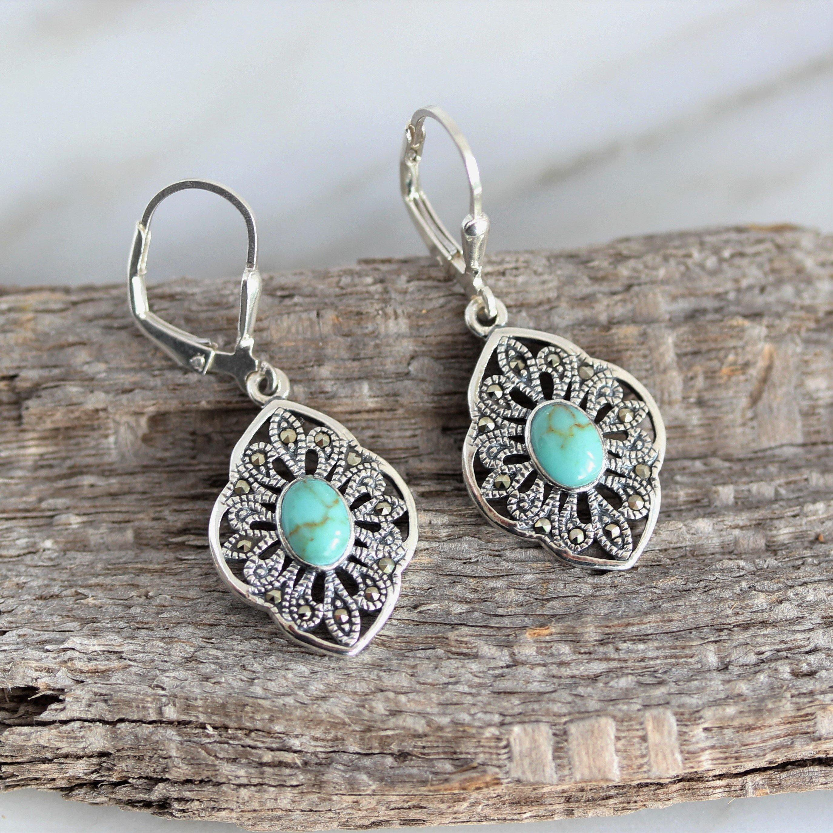 Sterling Silver Marcasite & Oval Turquoise Leverback Drop Dangle Earrings - STERLING SILVER DESIGNS