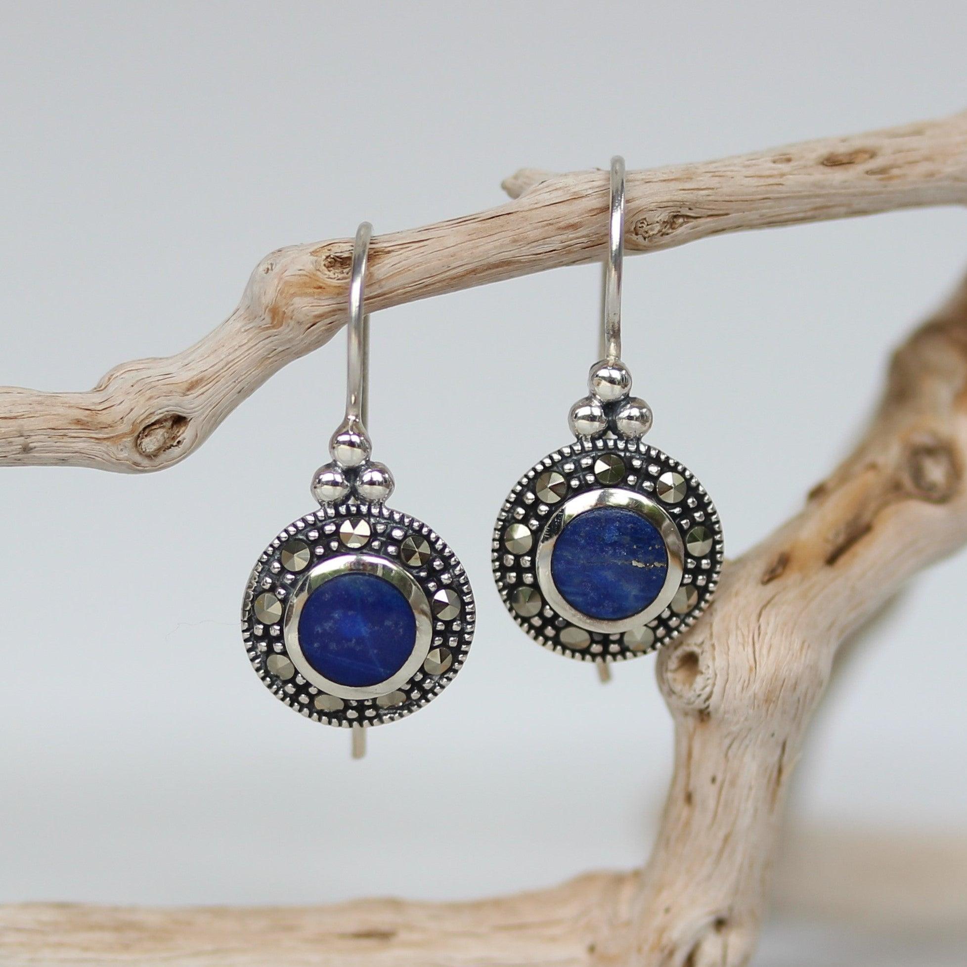 Sterling Silver Marcasite & Blue Lapis Round Shape Leverback Drop Earrings - STERLING SILVER DESIGNS