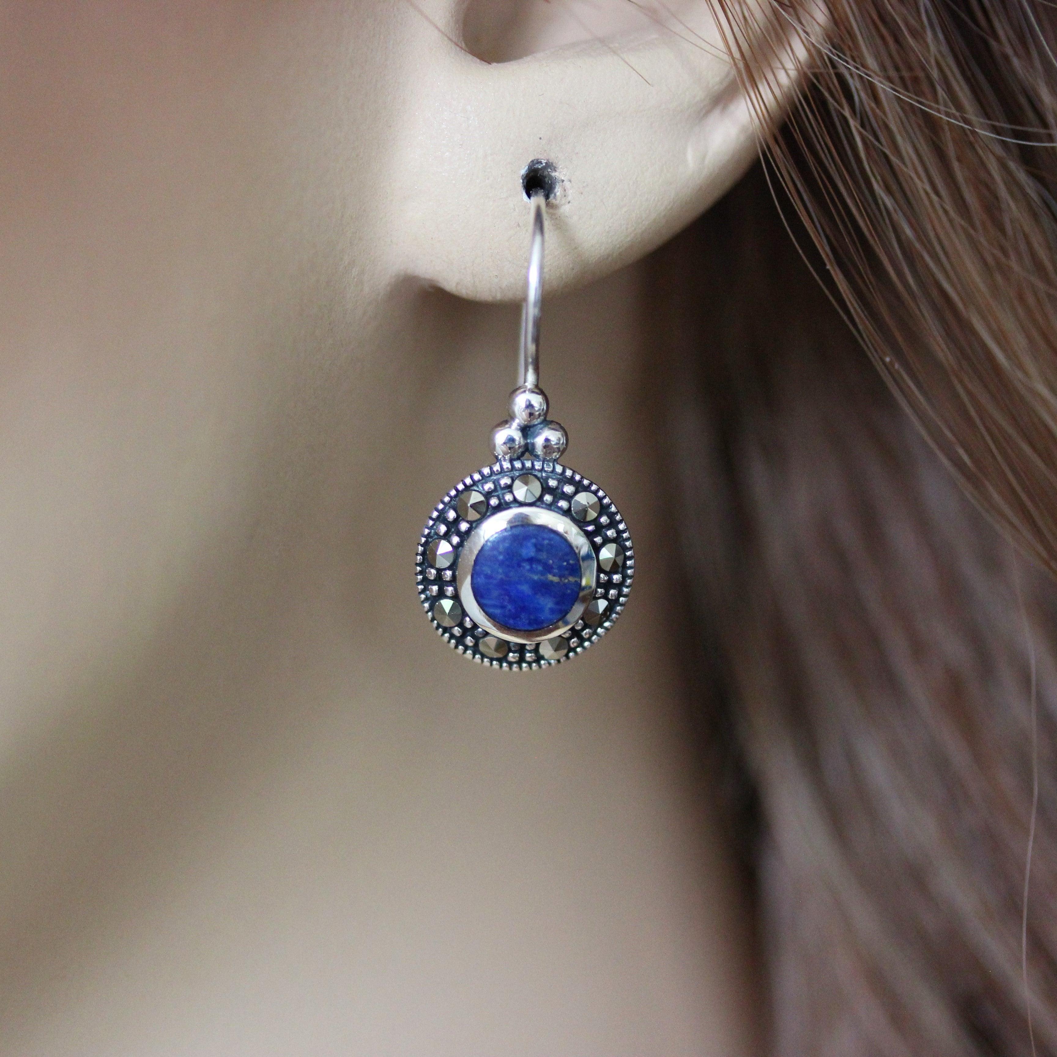 Sterling Silver Marcasite & Blue Lapis Round Shape Leverback Drop Earrings - STERLING SILVER DESIGNS