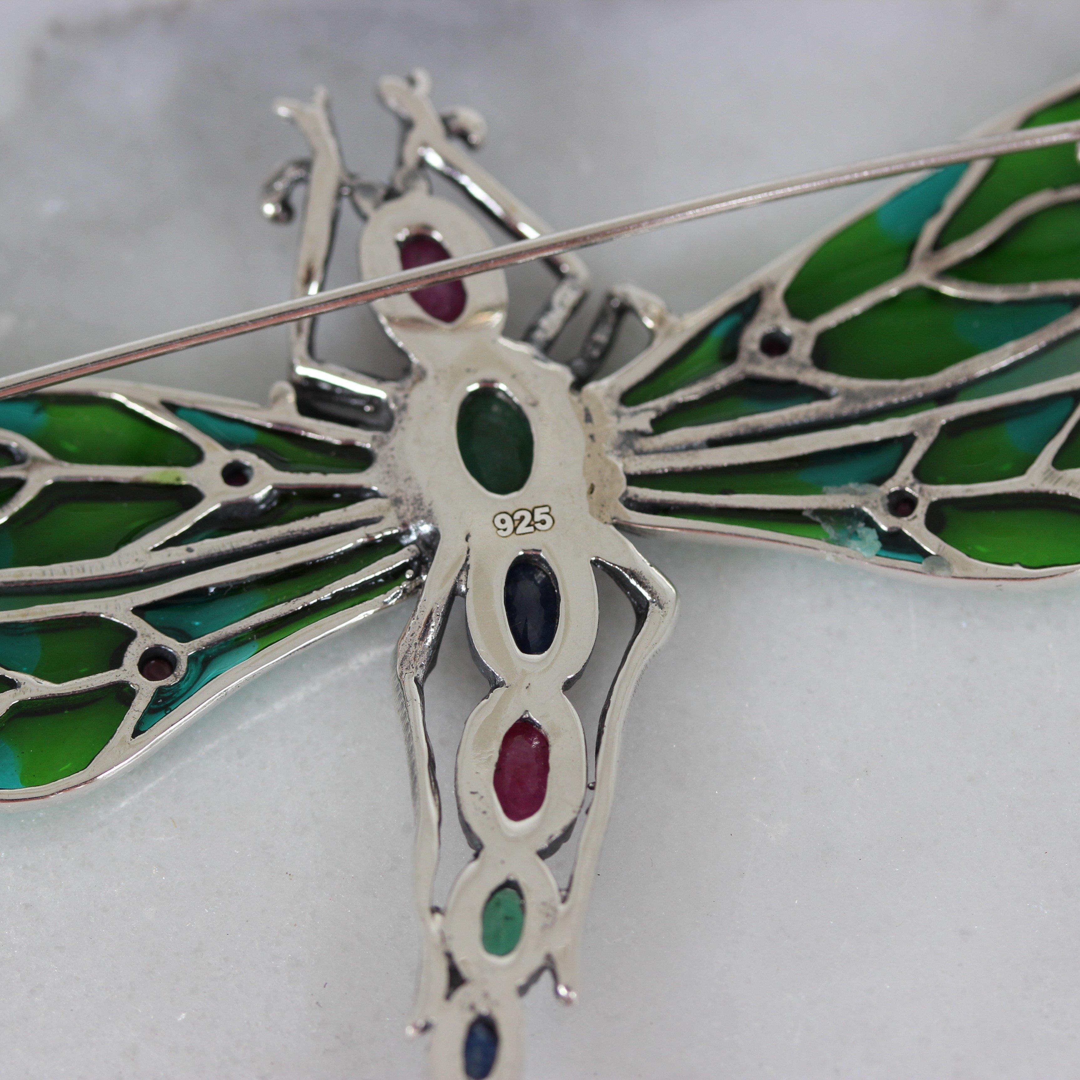 Sterling Silver Large Ruby, Emerald & Sapphire Enamel Dragonfly Brooch Pin - STERLING SILVER DESIGNS