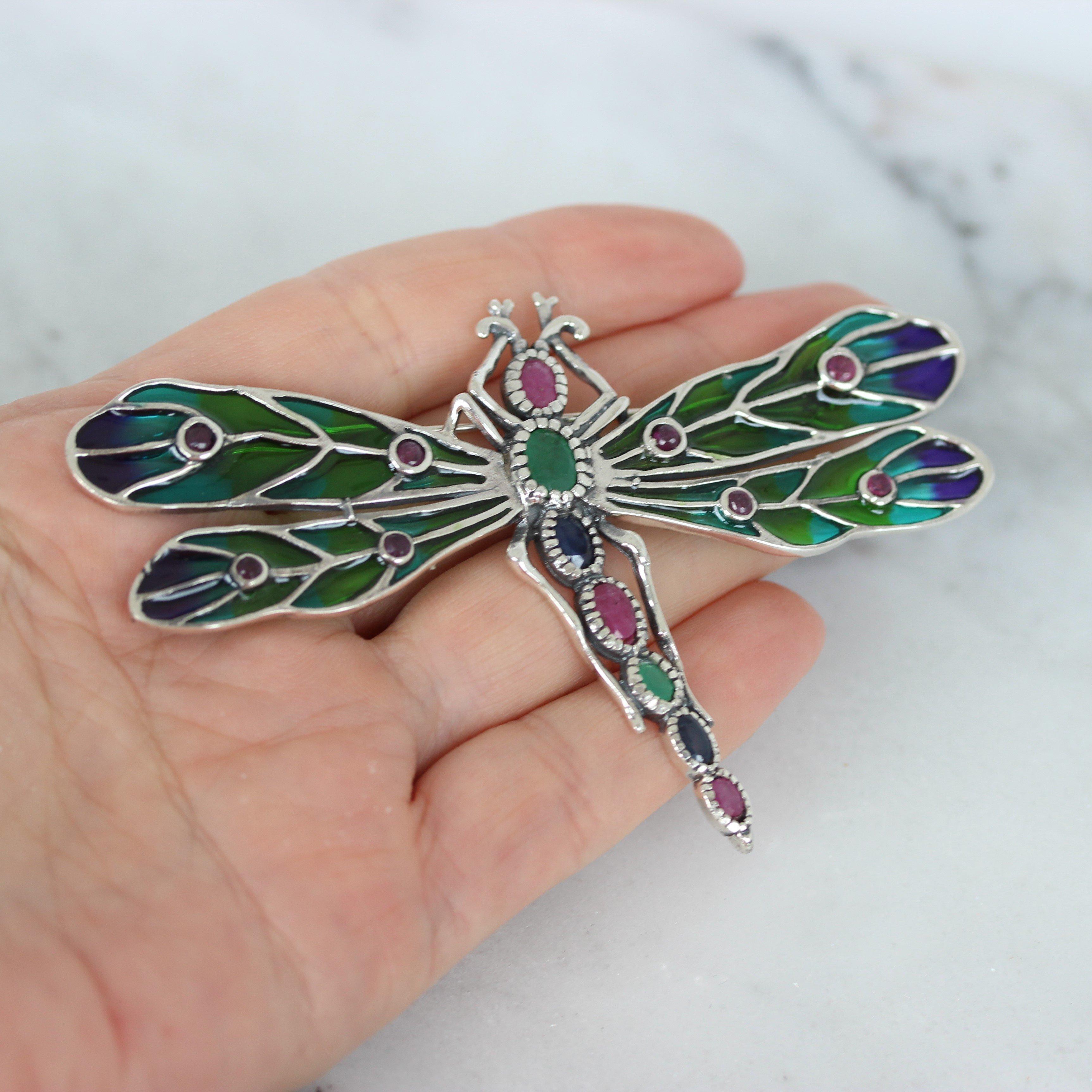 Sterling Silver Large Ruby, Emerald & Sapphire Enamel Dragonfly Brooch Pin - STERLING SILVER DESIGNS