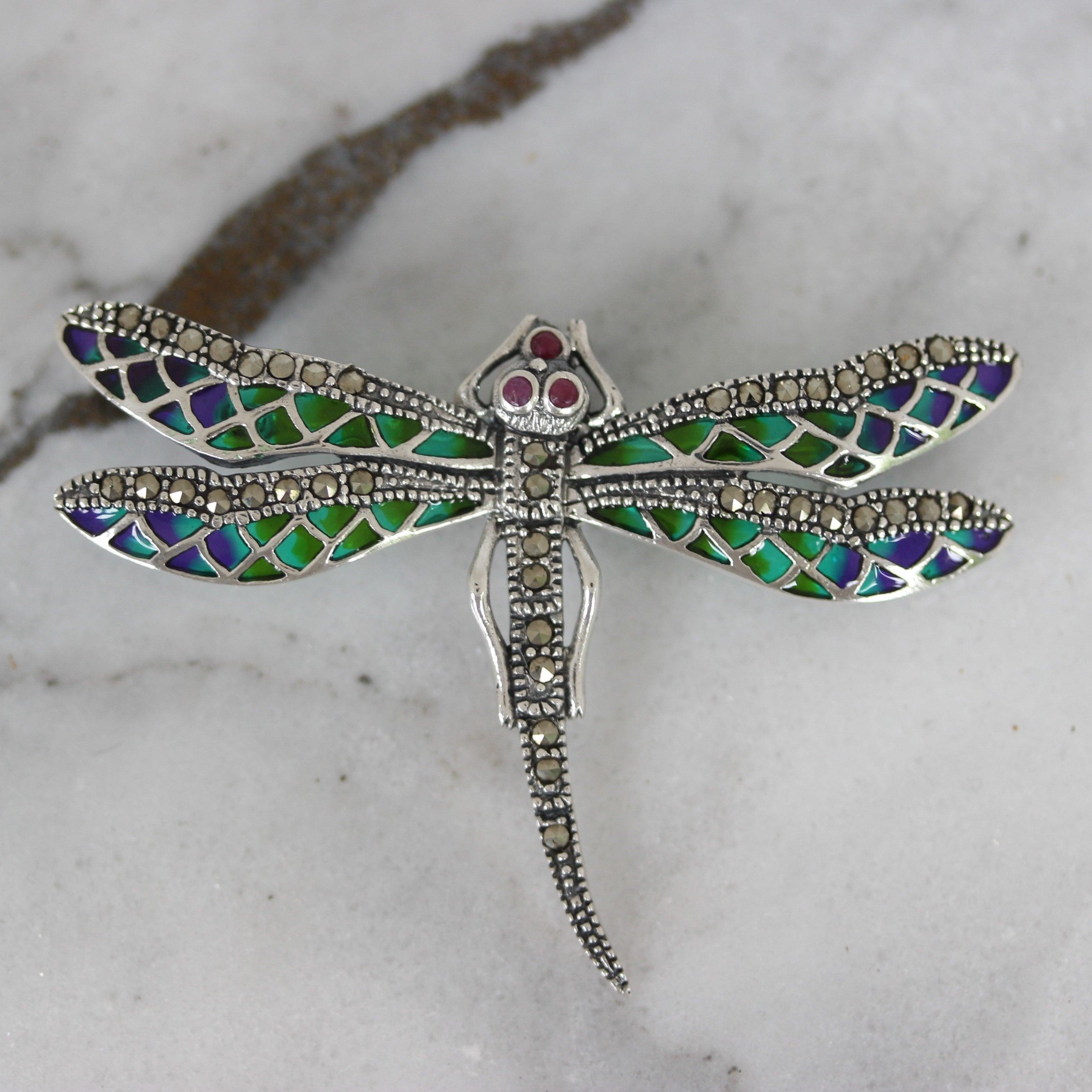 Sterling Silver Marcasite & Ruby, Enamel Dragonfly Brooch Pin - STERLING SILVER DESIGNS