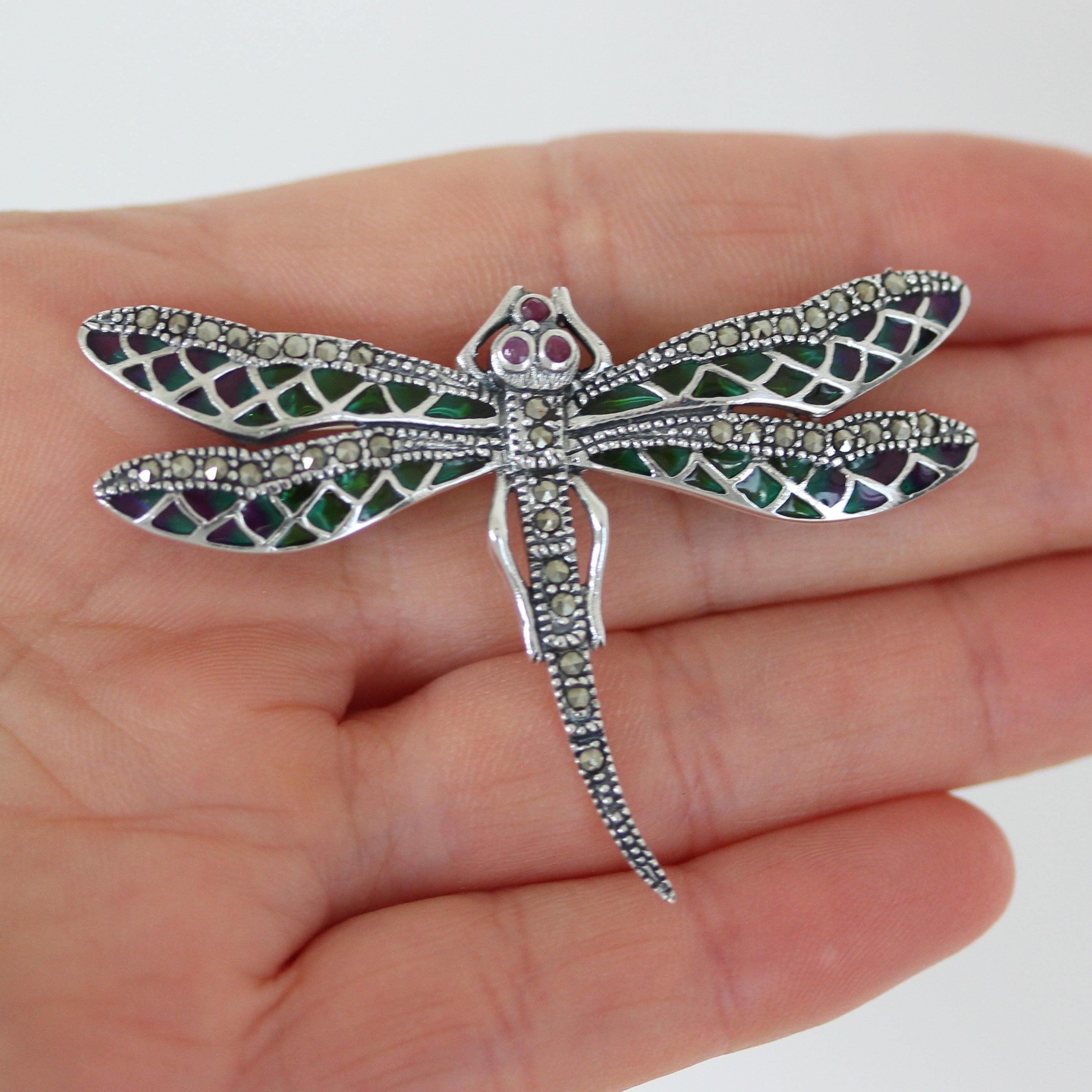 Sterling Silver Marcasite & Ruby, Enamel Dragonfly Brooch Pin - STERLING SILVER DESIGNS