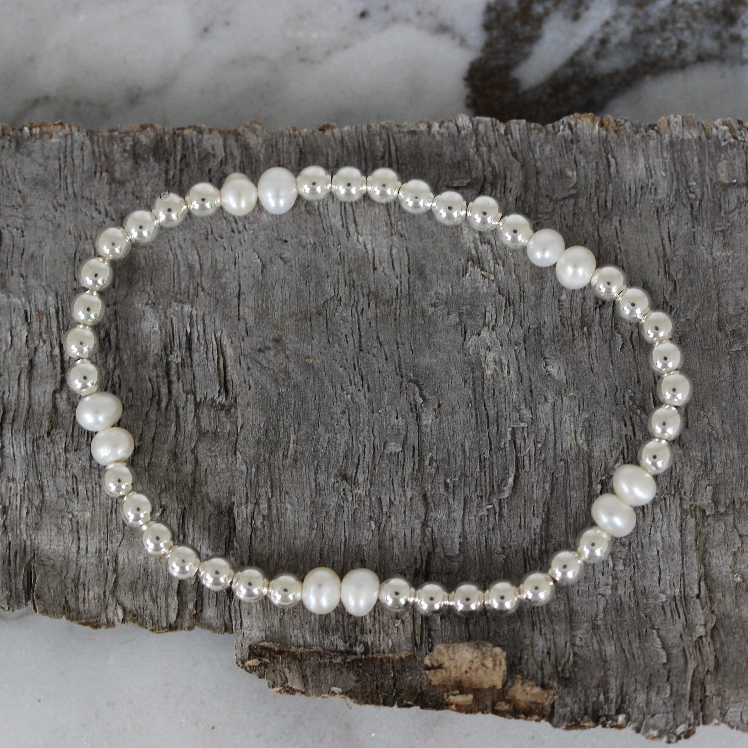 Sterling Silver 4 x 5mm Small Bead Balls & Pearl 17.5cm Stretch Bracelet - STERLING SILVER DESIGNS