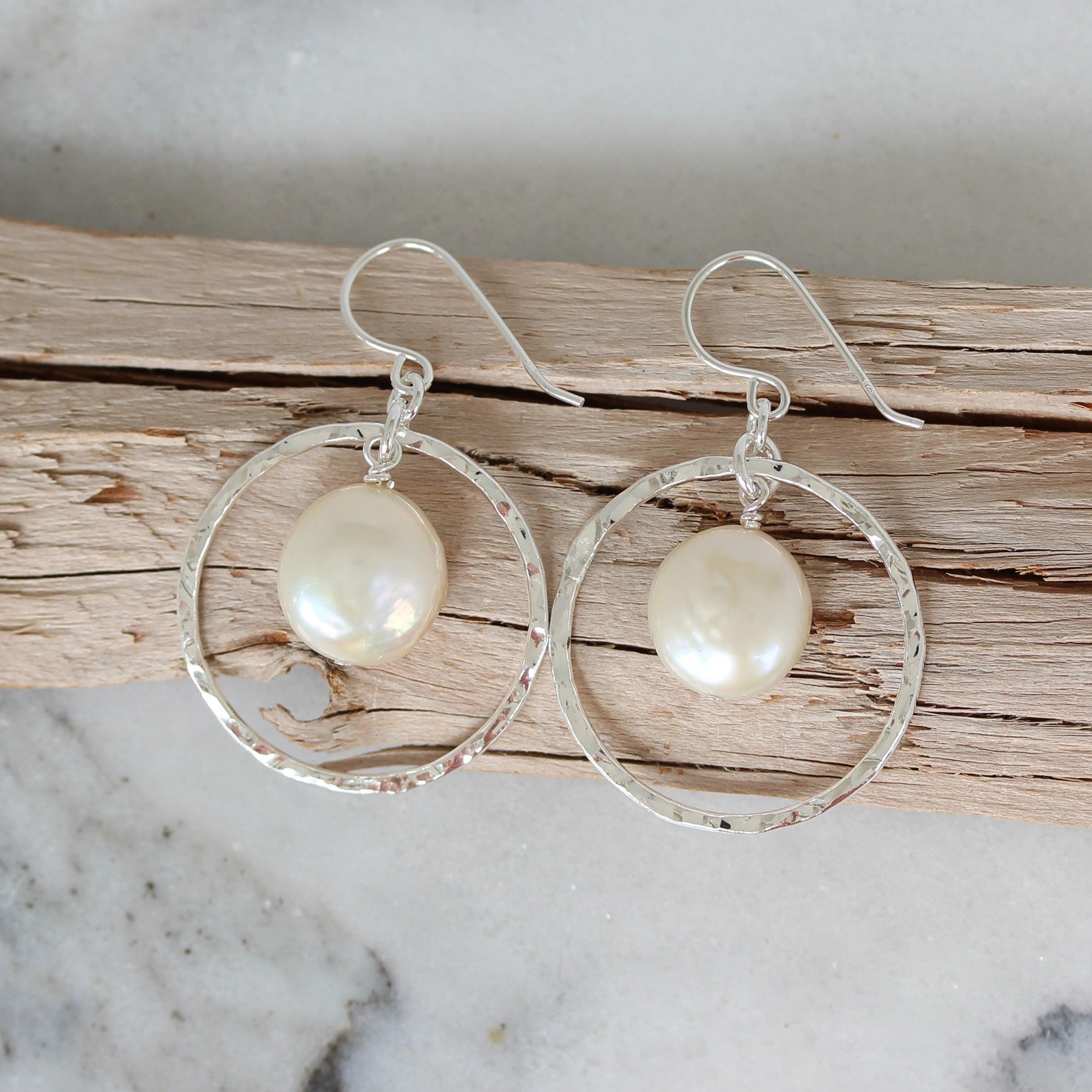 Sterling Silver Hammered Beaten Open Circle & Pearl Drop Earrings - STERLING SILVER DESIGNS