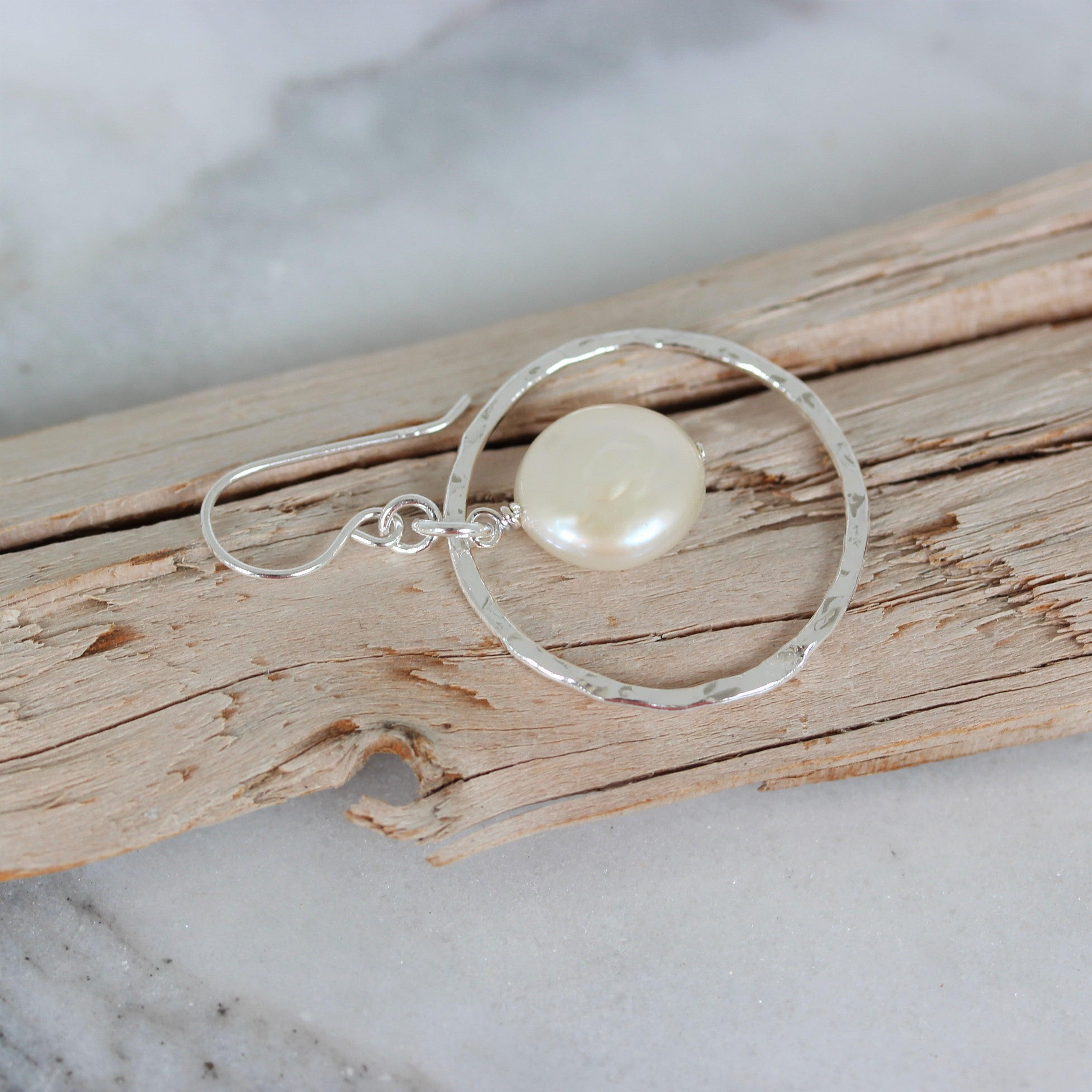 Sterling Silver Hammered Beaten Open Circle & Pearl Drop Earrings - STERLING SILVER DESIGNS