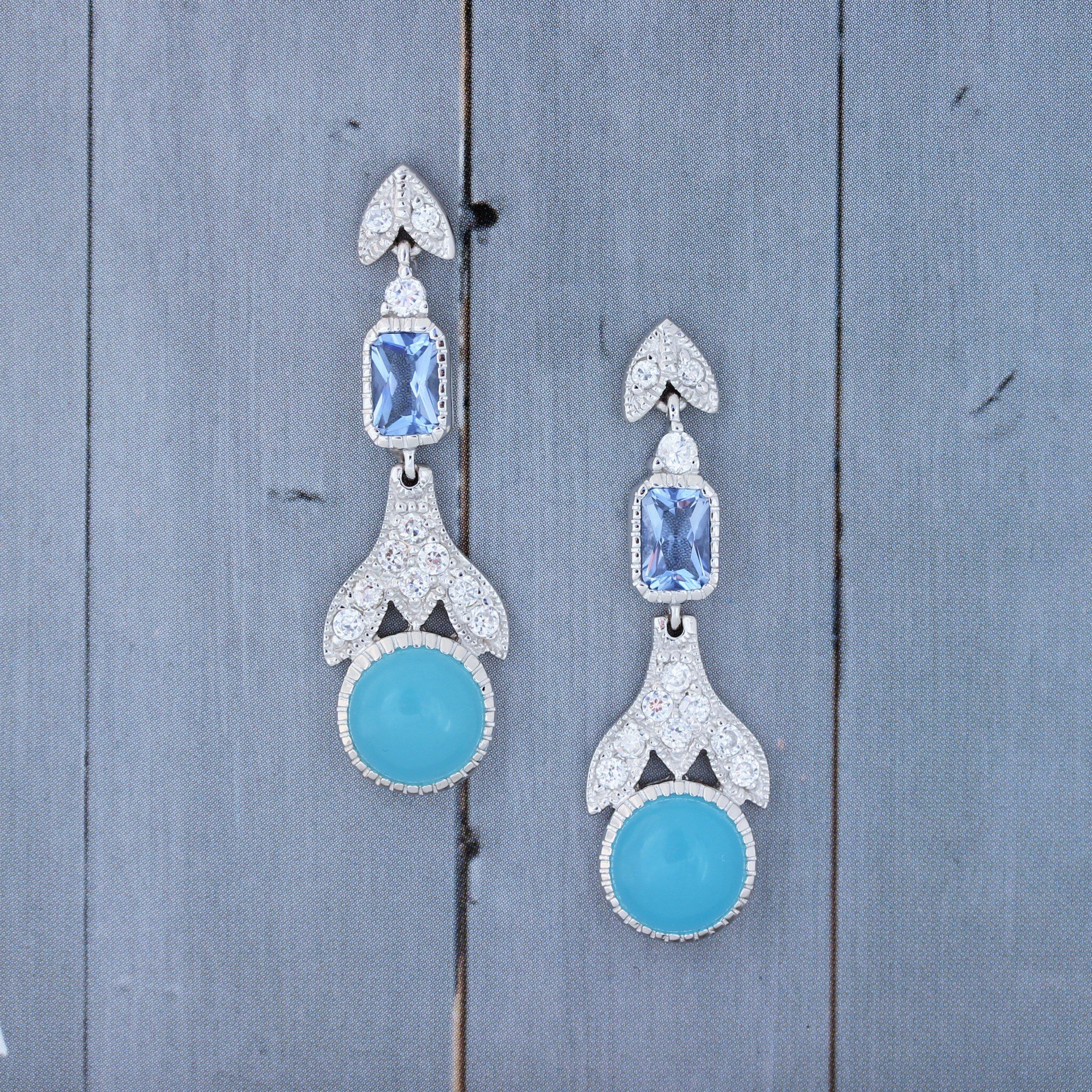 Sterling Silver Art Deco Inspired Milky Blue CZ Drop Earrings - STERLING SILVER DESIGNS