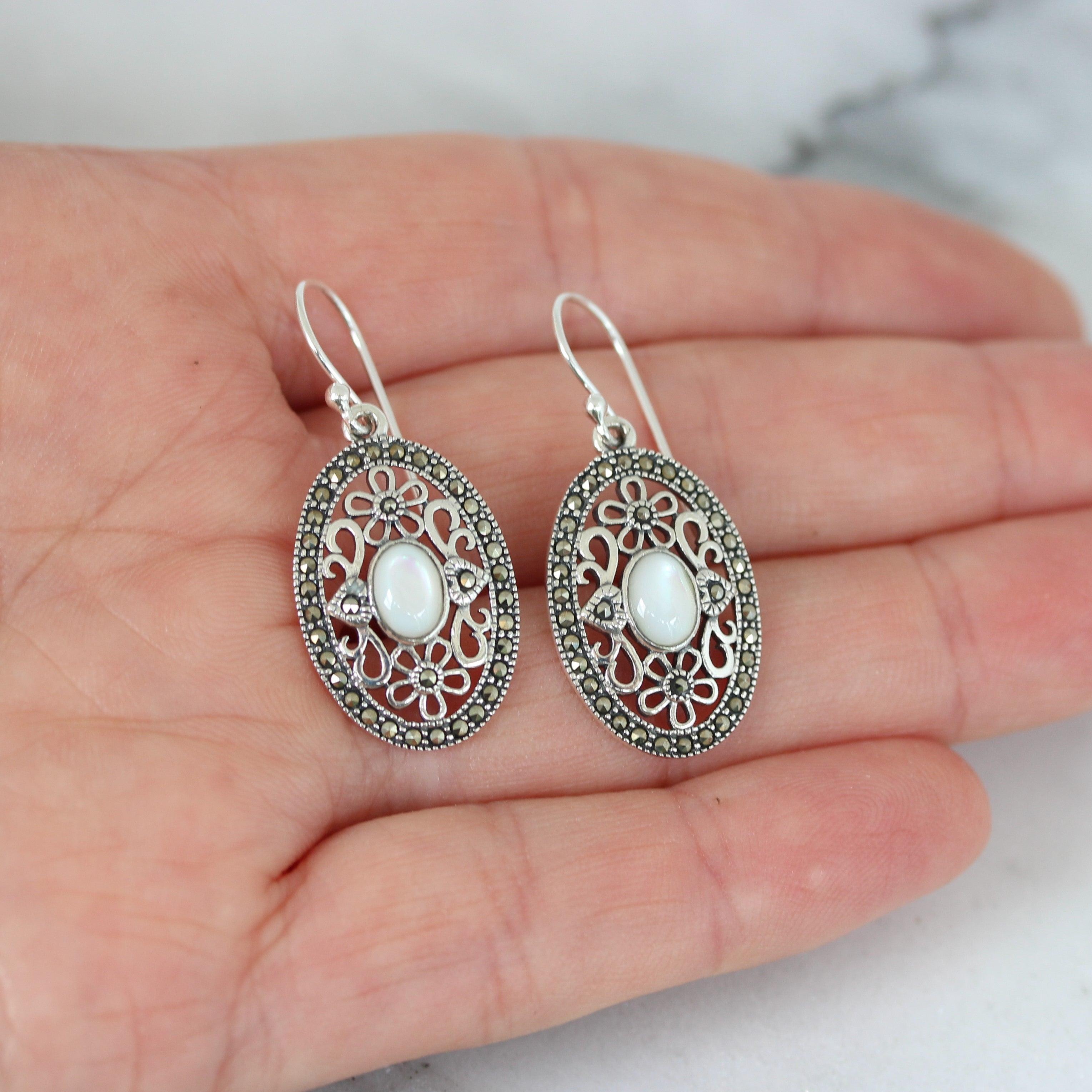Sterling Silver Marcasite & Mother Of Pearl Oval Floral Hook Drop Earrings - STERLING SILVER DESIGNS