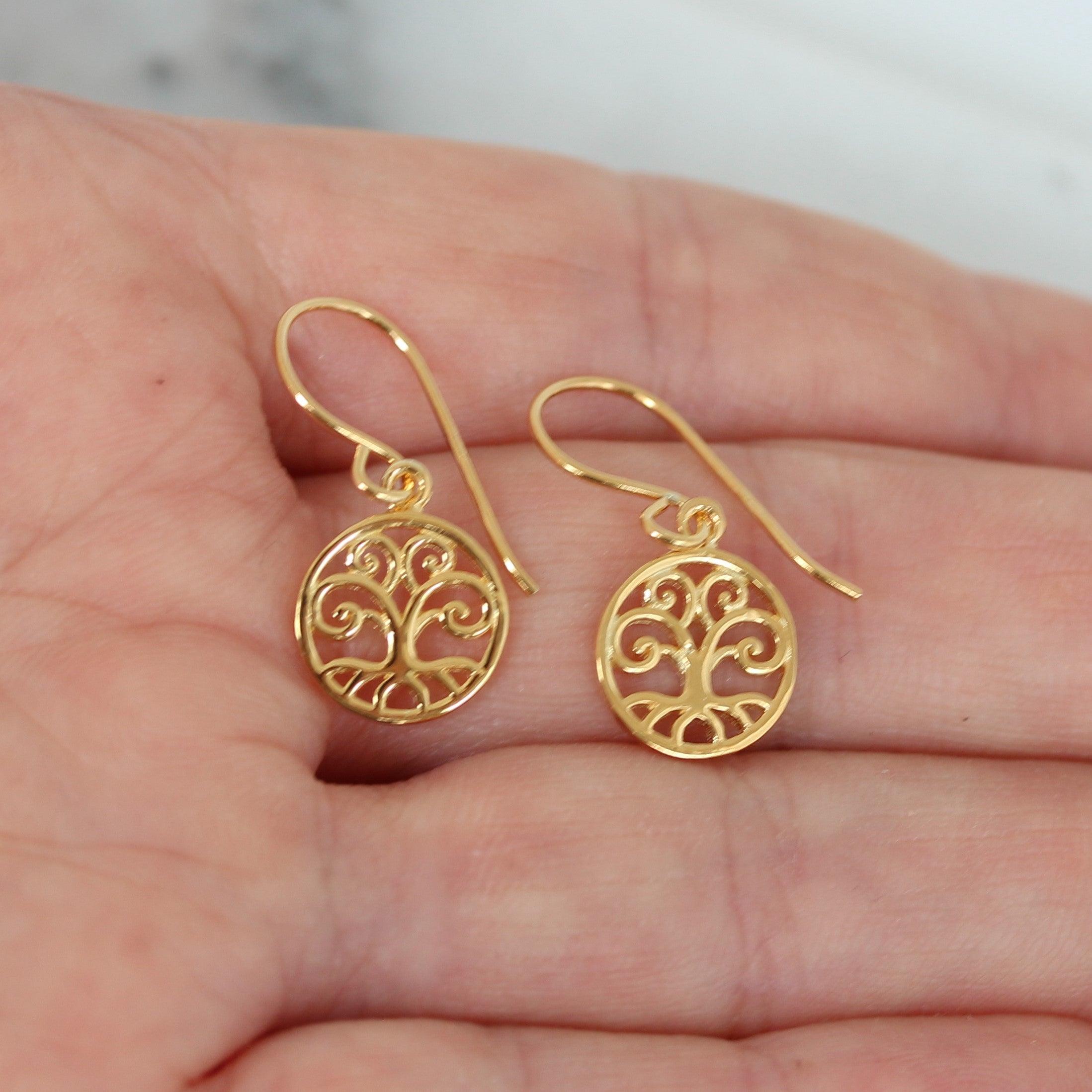 Sterling Silver Yellow Gold Plated 11mm Tree of Life Drop Earrings - STERLING SILVER DESIGNS