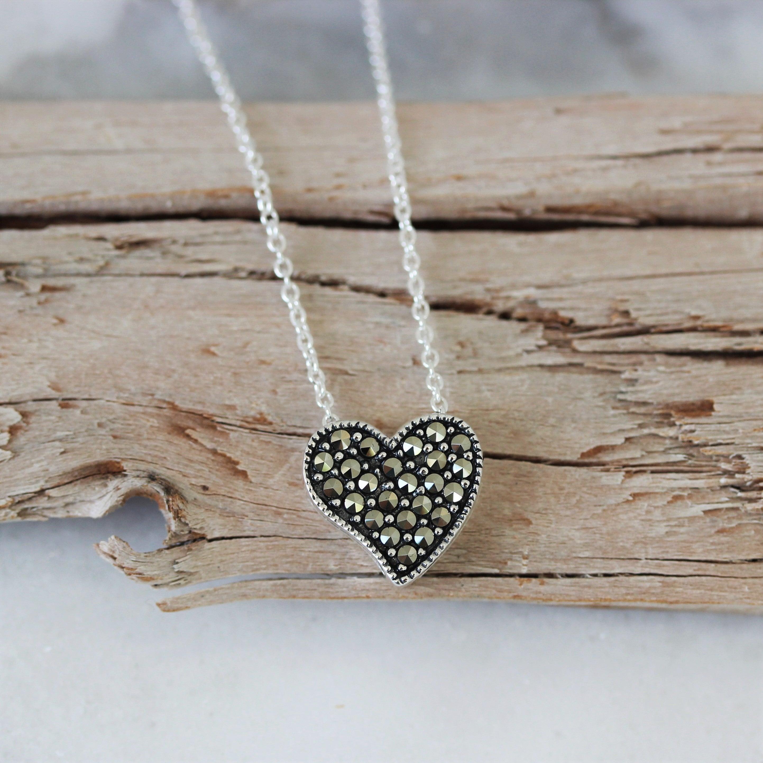 Sterling Silver Marcasite Small Asymmetrical Heart Slider Necklace 40cm - STERLING SILVER DESIGNS