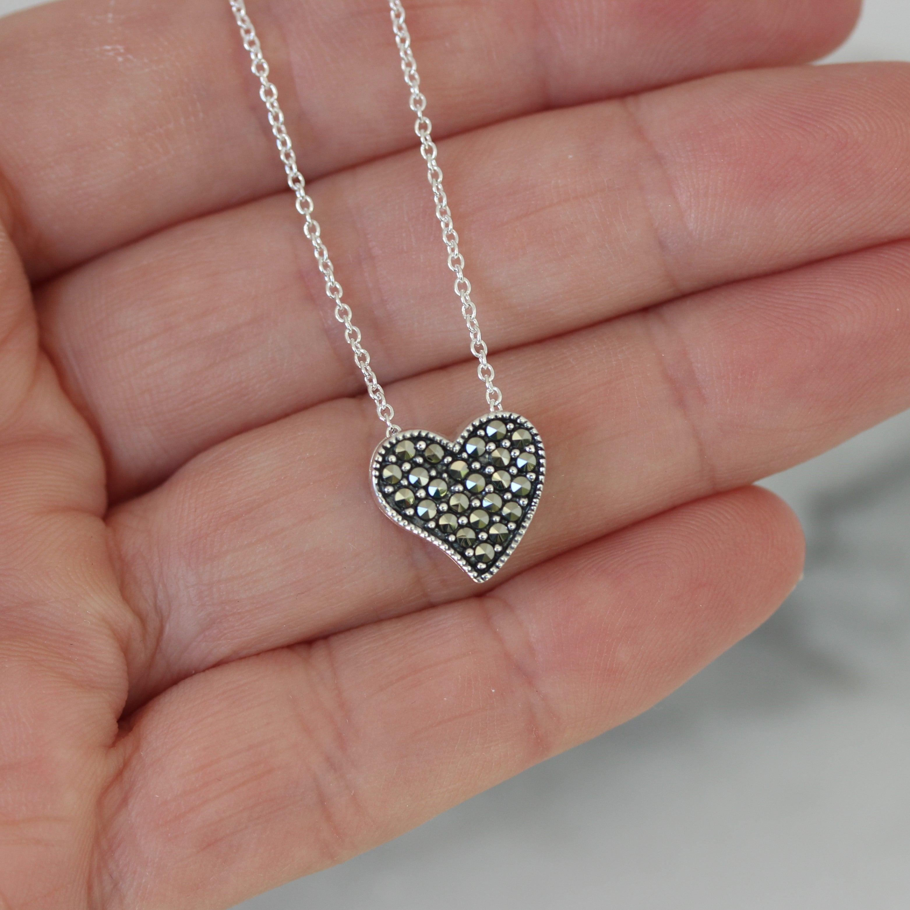 Sterling Silver Marcasite Small Asymmetrical Heart Slider Necklace 40cm - STERLING SILVER DESIGNS