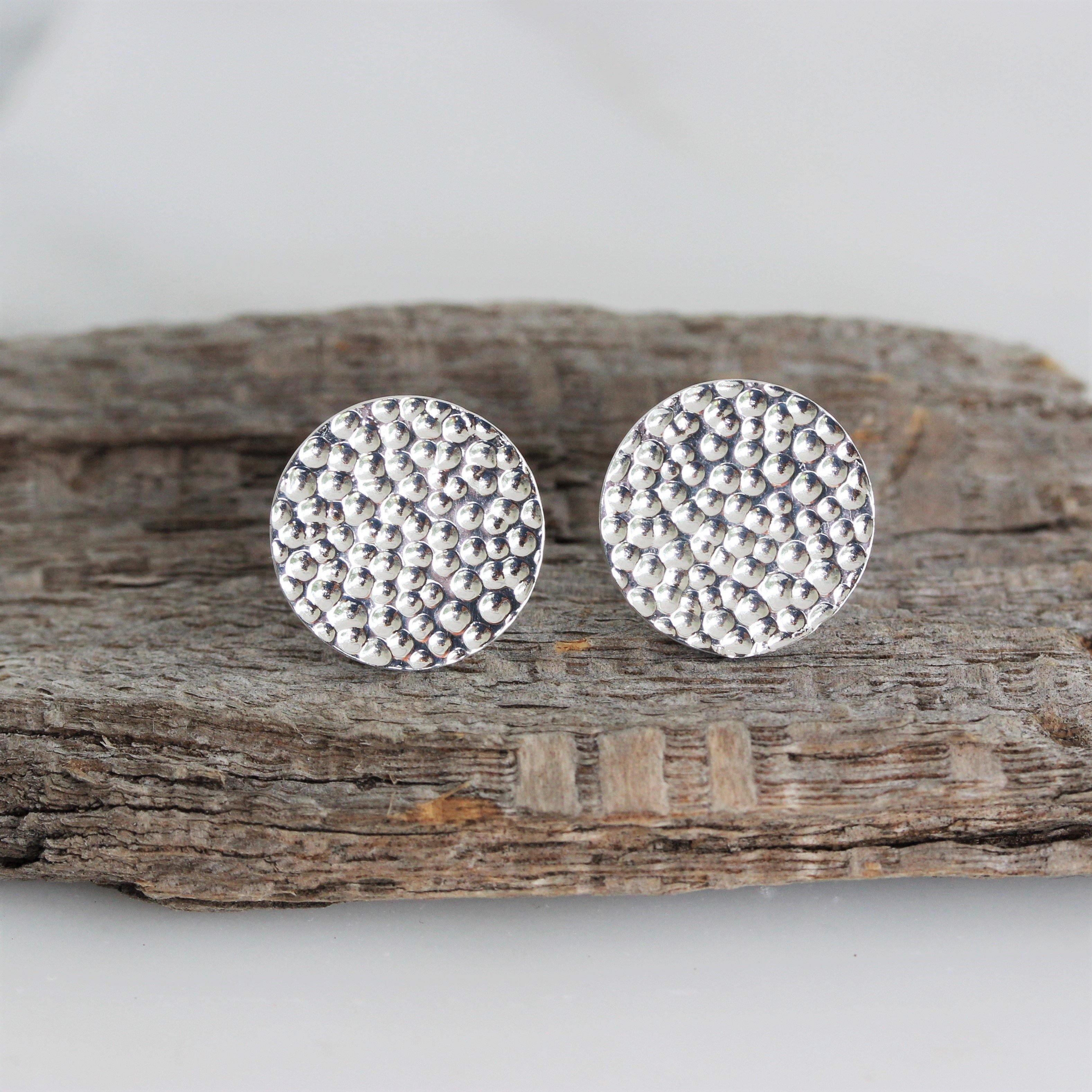 Sterling Silver 12mm Round Hammered Beaten Flat Disc Stud Earrings - STERLING SILVER DESIGNS