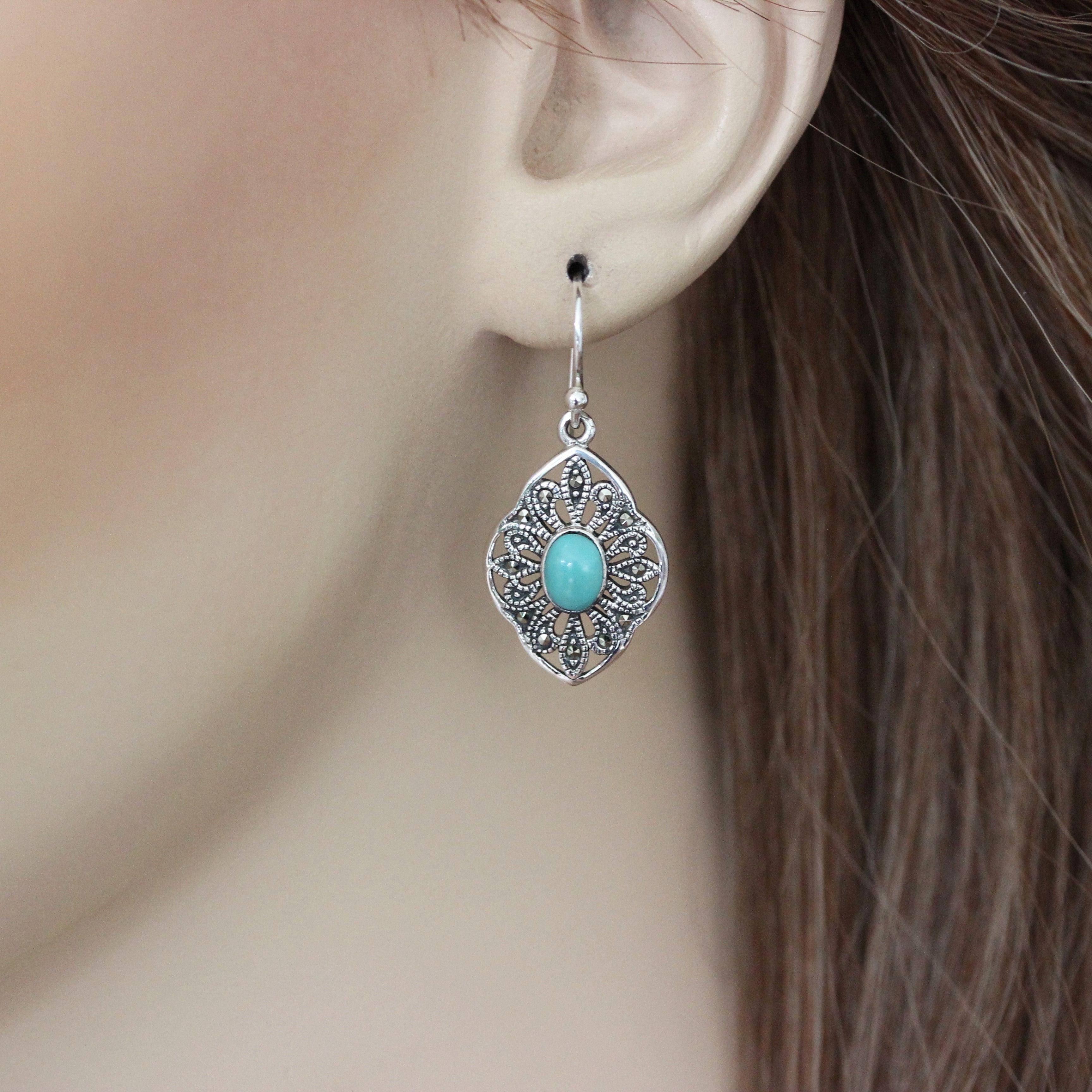 Sterling Silver Marcasite & Oval Turquoise Hook Drop Dangle Earrings - STERLING SILVER DESIGNS