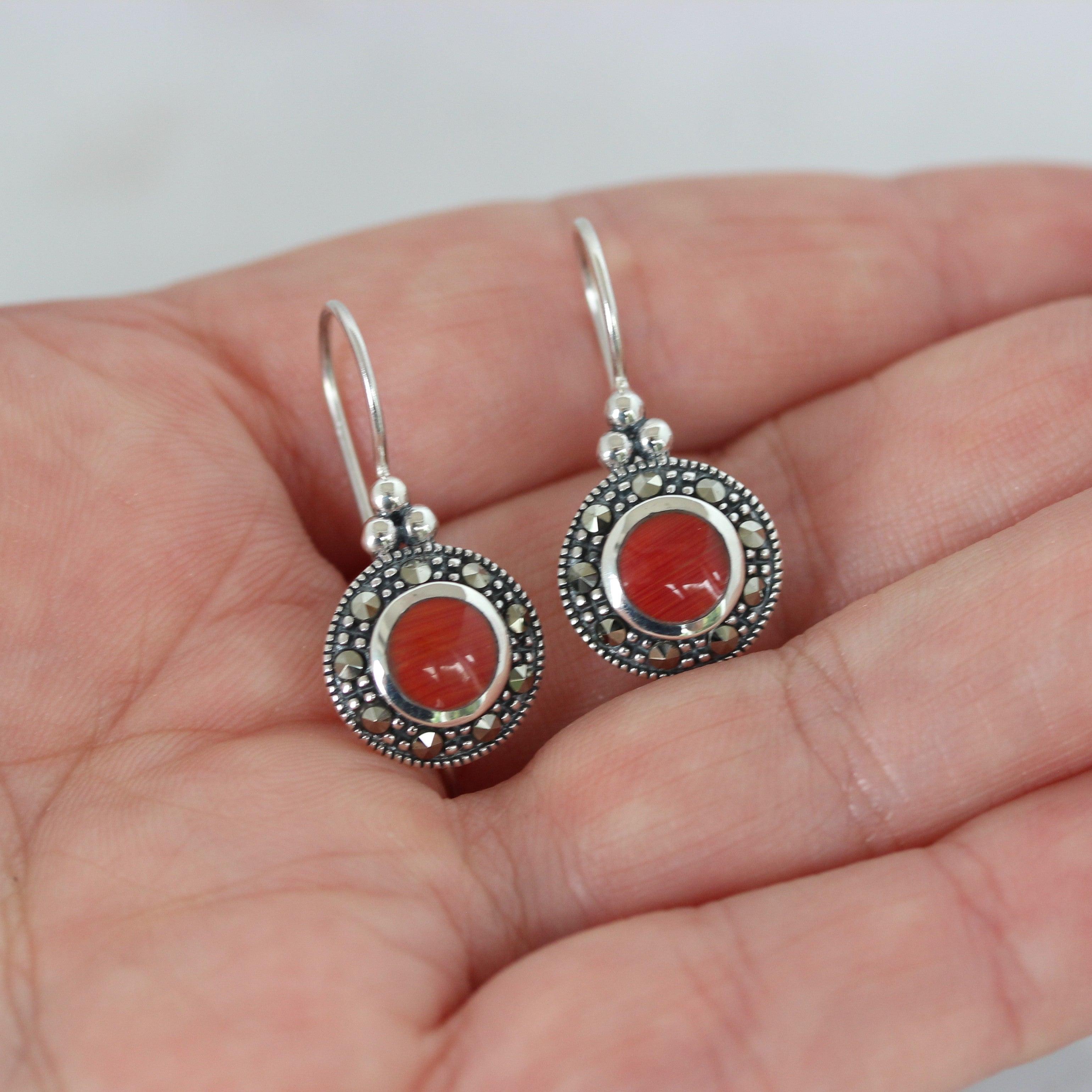 Sterling Silver Marcasite & Red Agate Round Shape Leverback Drop Earrings - STERLING SILVER DESIGNS