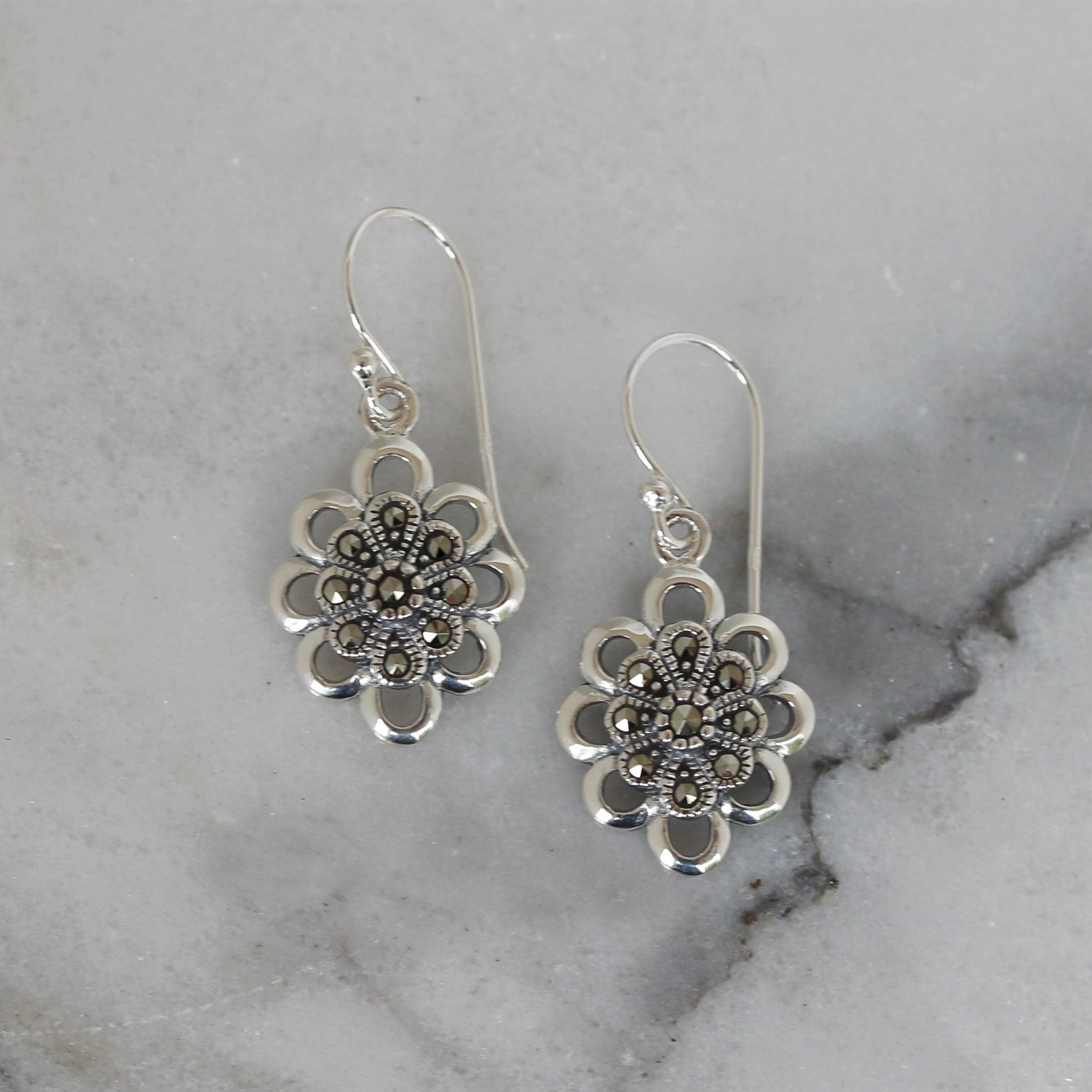 Sterling Silver Marcasite Flower Hook Drop Dangle Earrings - STERLING SILVER DESIGNS