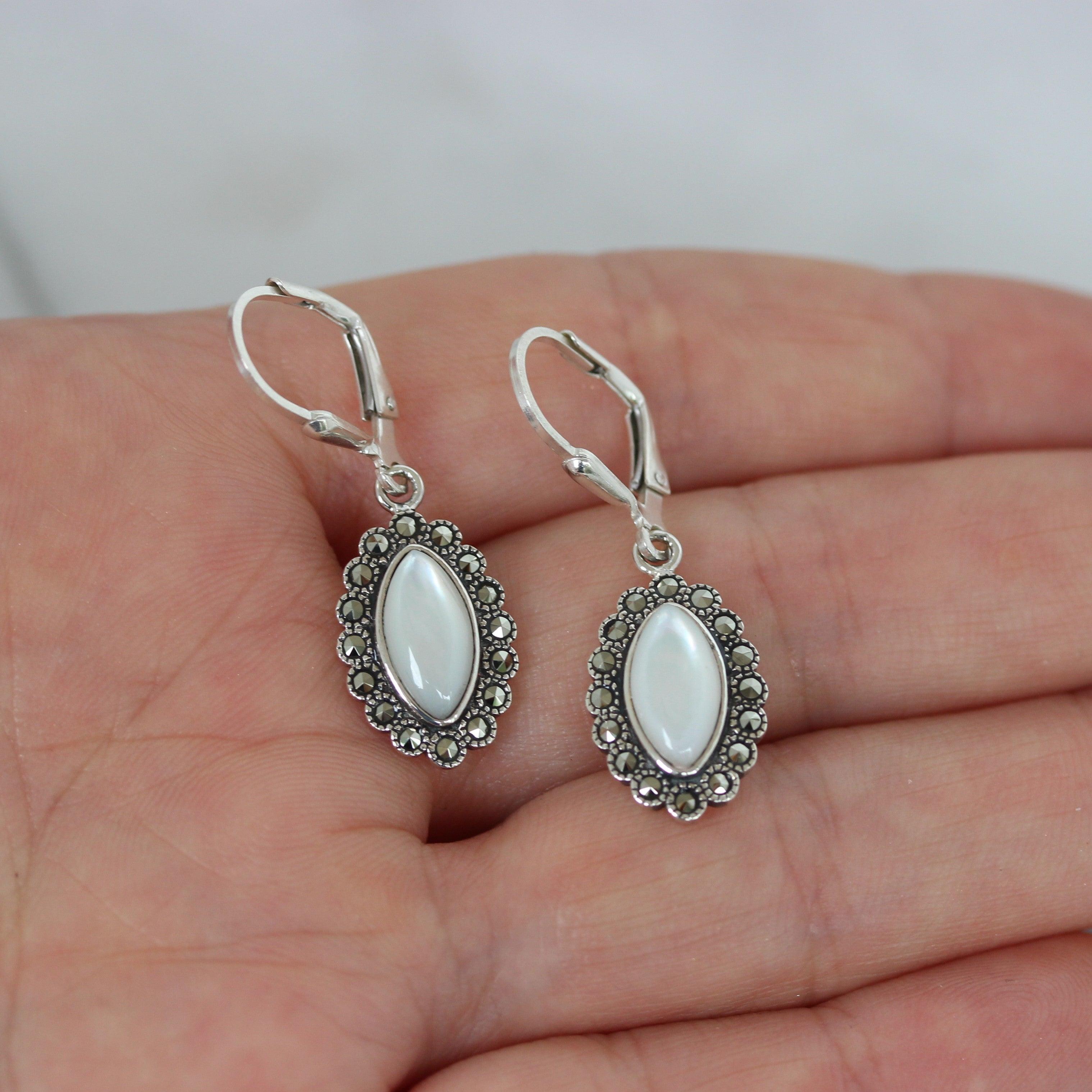 Sterling Silver Marcasite & Mother Of Pearl Marquise Leverback Drop Earrings - STERLING SILVER DESIGNS