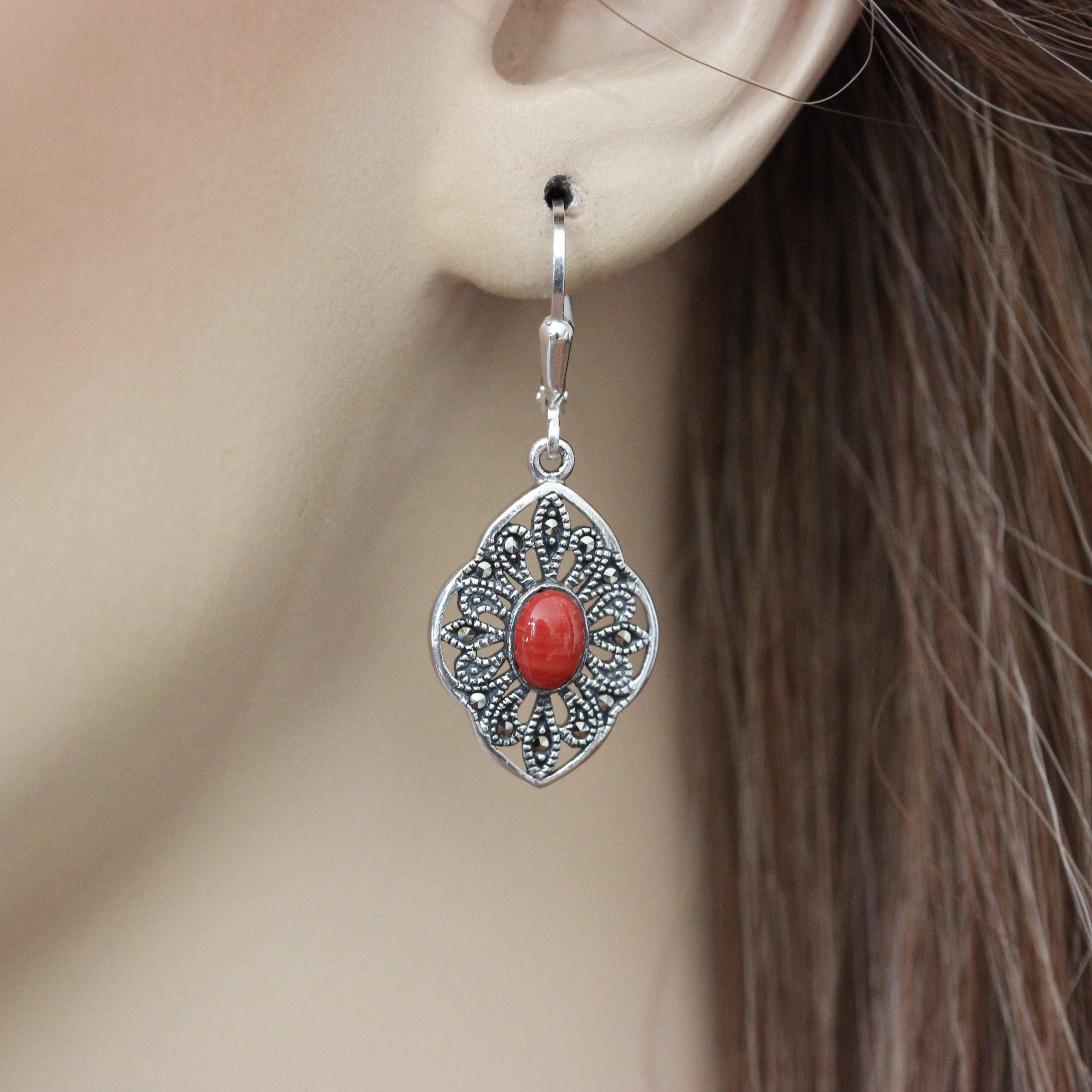 Sterling Silver Marcasite & Oval Red Coral Leverback Drop Earrings - STERLING SILVER DESIGNS