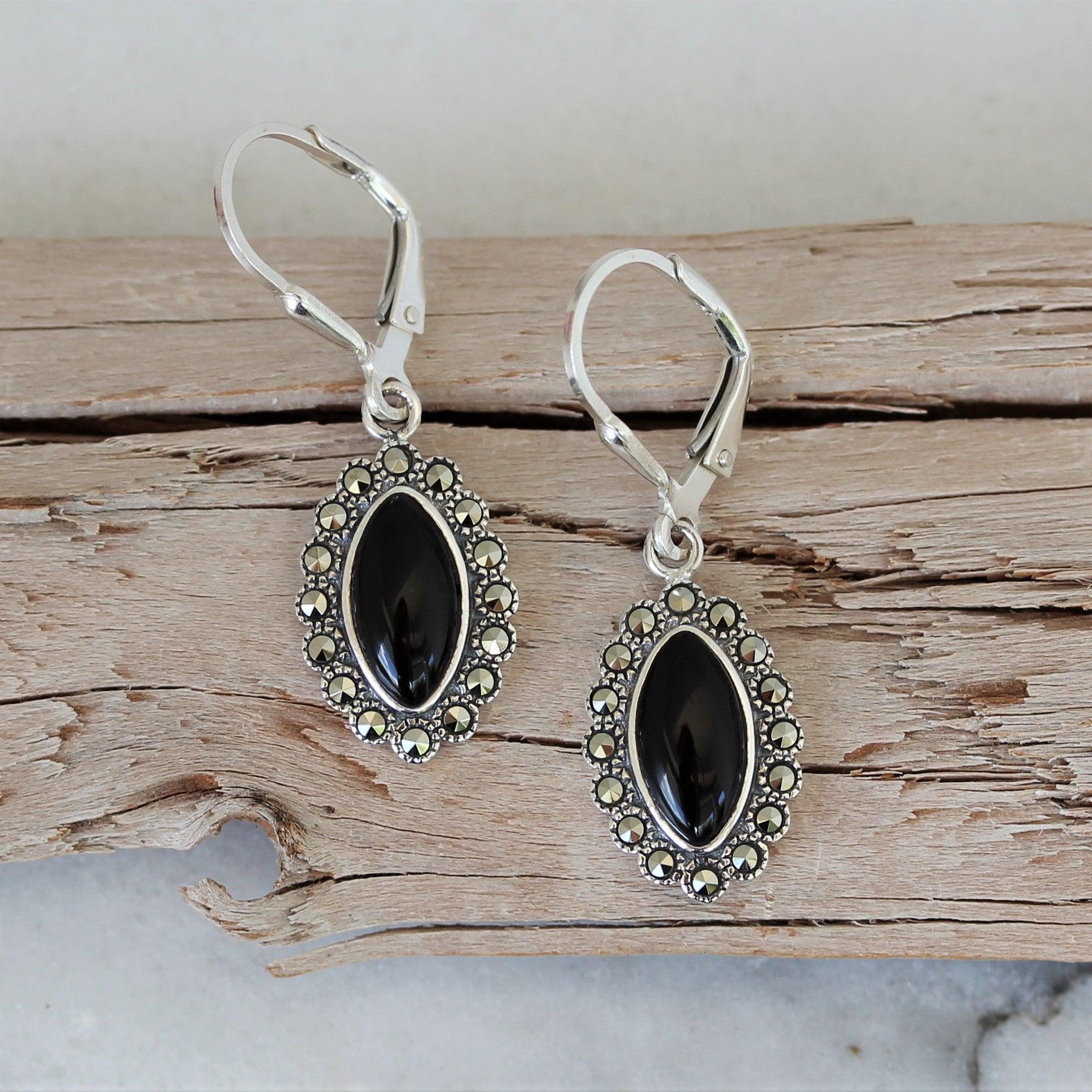 Sterling Silver Marcasite & Black Onyx Marquise Leverback Drop Earrings - STERLING SILVER DESIGNS